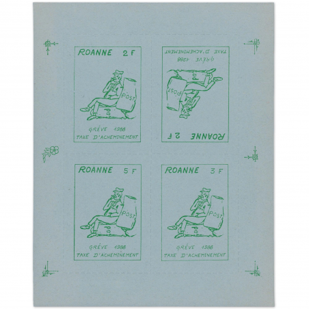 FRANCE, BLOC DE GRÈVE ROANNE 1988, TIMBRES DENTELÉS BLOC DE 4 TETE BECHE NEUFS**