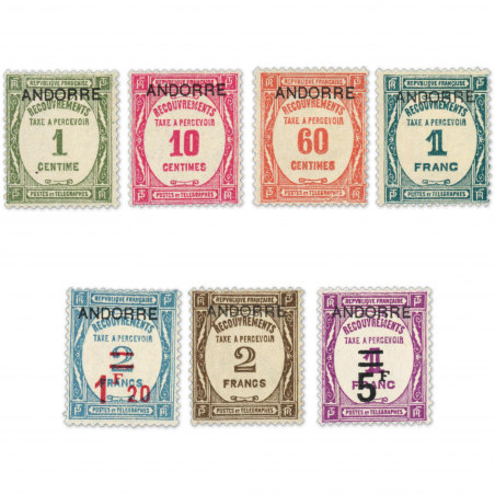 ANDORRE FRANÇAIS SÉRIE TAXE N° 9 À 15, 7 TIMBRES NEUFS AVEC CHARNIÈRE DE 1931-32