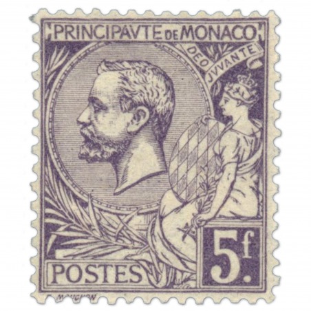 MONACO N° 46 PRINCE ALBERT 1ER, 5f. VIOLET, TIMBRE POSTE NEUF* 1920-21 COTE 250€