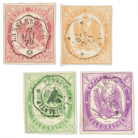 FRANCE TIMBRES TÉLÉGRAPHE N° 1 À 4, OBLITÉRÉS SIGNÉS EXPERT CHEZ BRUN, 1868 RARE