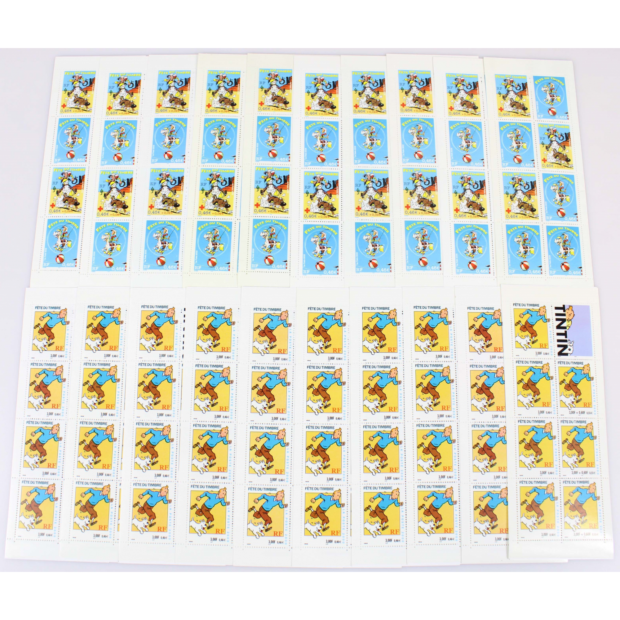 LOT 20 CARNETS TINTIN/LUCKY LUKE TIMBRES 0.46 € POUR AFFRANCHIR, FACIALE 69€