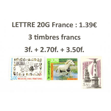 LOT DE 100 AFFRANCHISSEMENTS POUR LETTRES 20G FRANCE AVEC 3 TIMBRES EN FRANCS