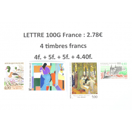 LOT DE 50 AFFRANCHISSEMENTS POUR LETTRES 100G FRANCE AVEC 4 TIMBRES EN FRANCS