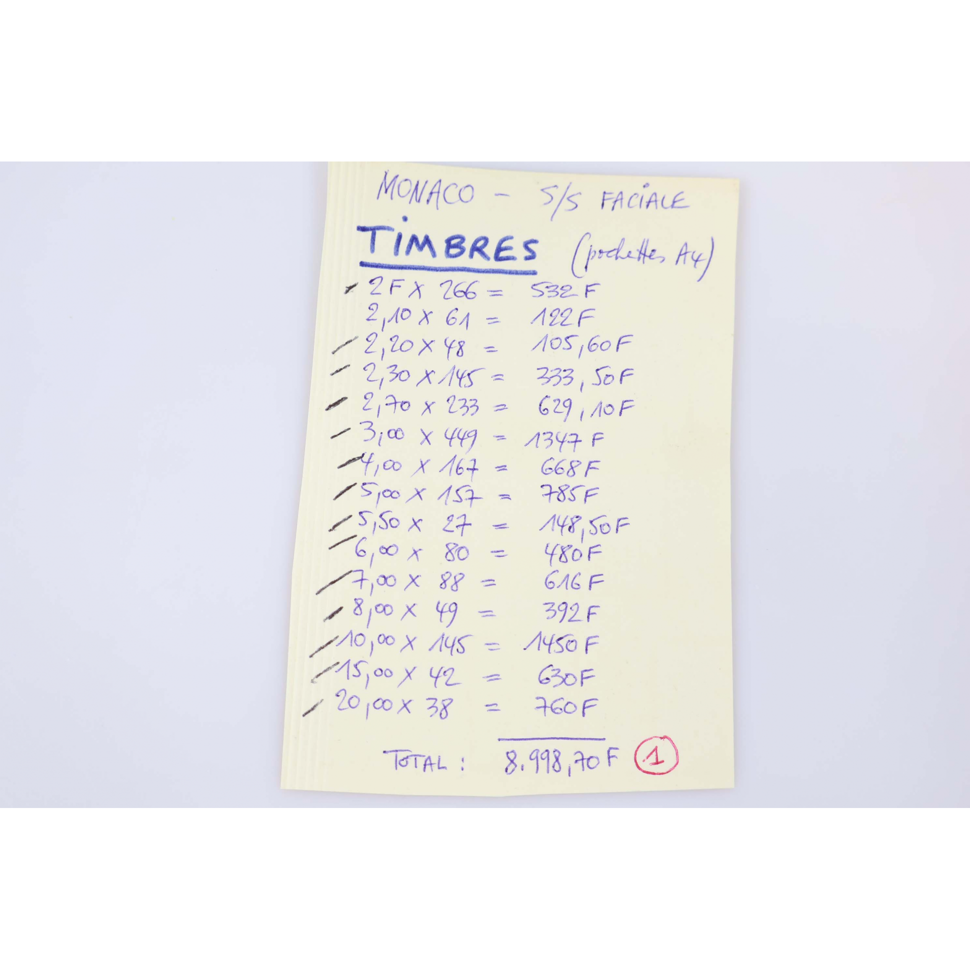 LOT DE TIMBRES DE MONACO CLASSÉS PAR VALEURS, NEUFS** VALEUR FACIALE 1371 EUROS