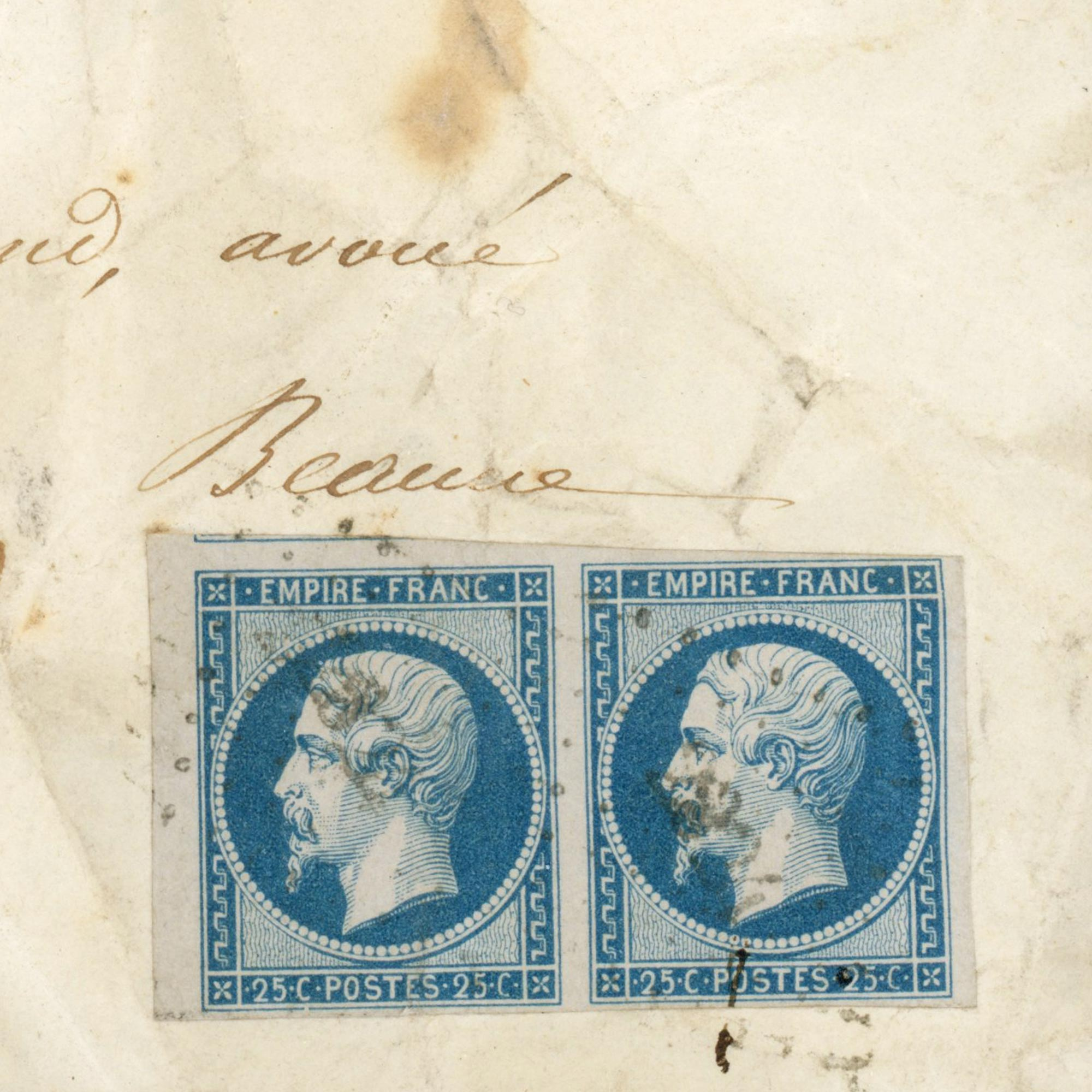 FRANCE PAIRE DE TIMBRES N° 15 TYPE NAPOLÉON OBLITÉRÉS SUR ENVELOPPE, COTE 1400€