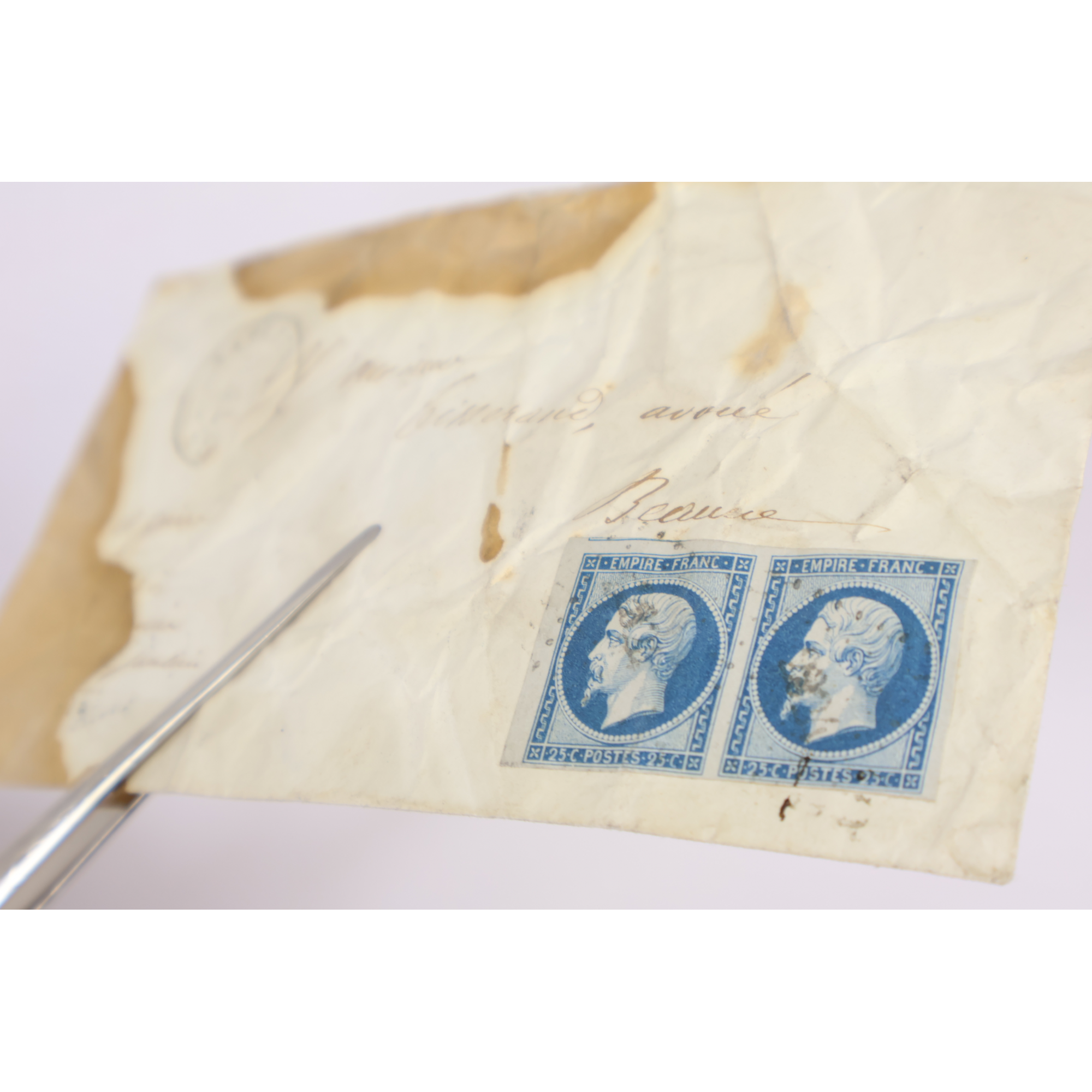 FRANCE PAIRE DE TIMBRES N° 15 TYPE NAPOLÉON OBLITÉRÉS SUR ENVELOPPE, COTE 1400€