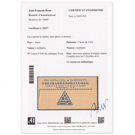 CARNET TIMBRES SARRE N° C84 NEUFS** SIGNÉ EXPERT CHEZ BRUN COTE 3150€ CERTIFICAT