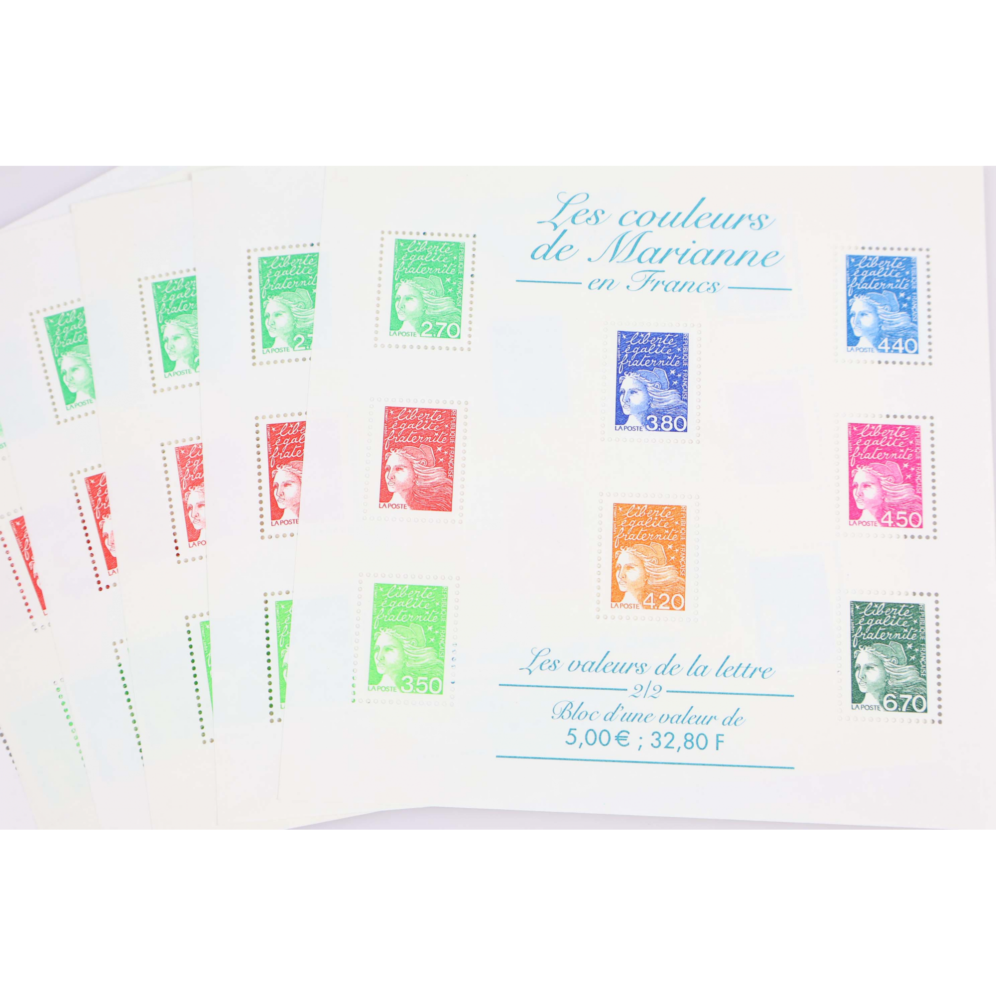 LOT DE 15 BLOCS N° 42 COULEURS DE MARIANNE 5€ TIMBRES NEUFS** FACIALE 75€