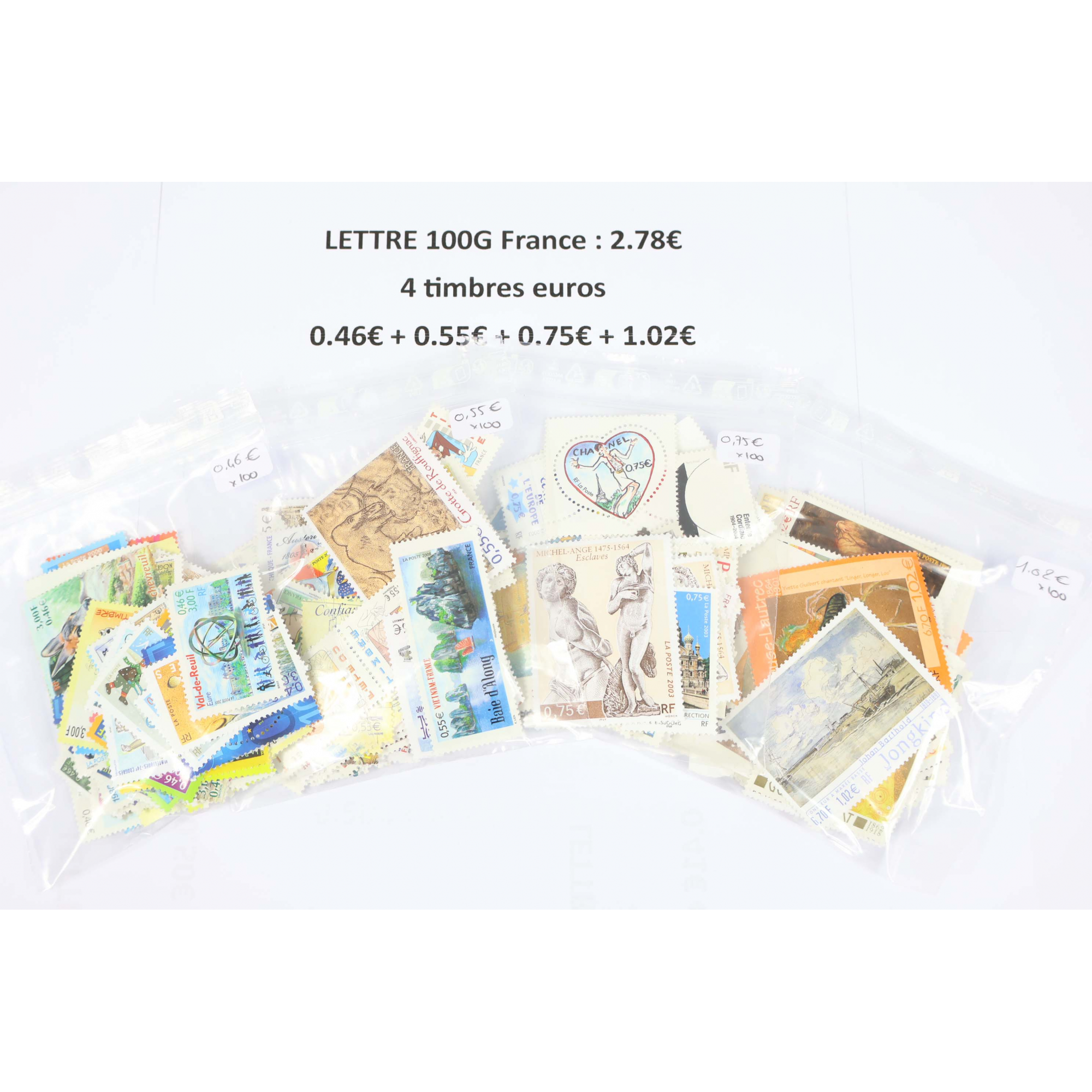 LOT DE 100 AFFRANCHISSEMENTS POUR LETTRES 100G FRANCE 4 TIMBRES -40% FACIALE LOT DE 100 AFFRANCHISSEMENTS POUR LETTRES 100G FRANCE 4 TIMBRES -40% FACIALE