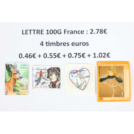 LOT DE 100 AFFRANCHISSEMENTS POUR LETTRES 100G FRANCE 4 TIMBRES -40% FACIALE