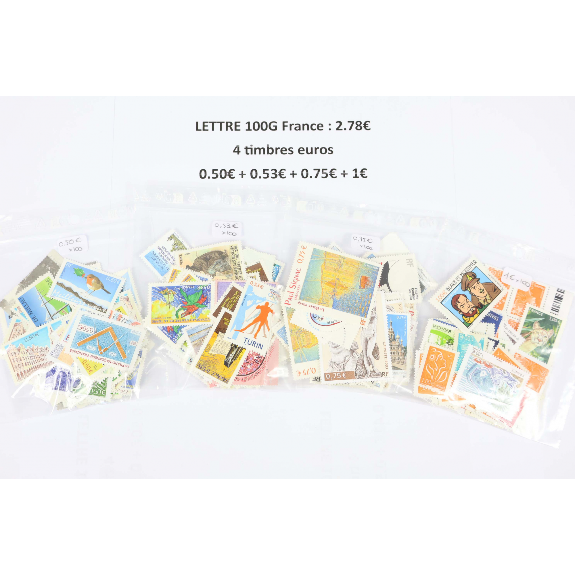 LOT DE 100 AFFRANCHISSEMENTS POUR LETTRES 100G FRANCE 4 TIMBRES -40% FACIALE LOT DE 100 AFFRANCHISSEMENTS POUR LETTRES 100G FRANCE 4 TIMBRES -40% FACIALE