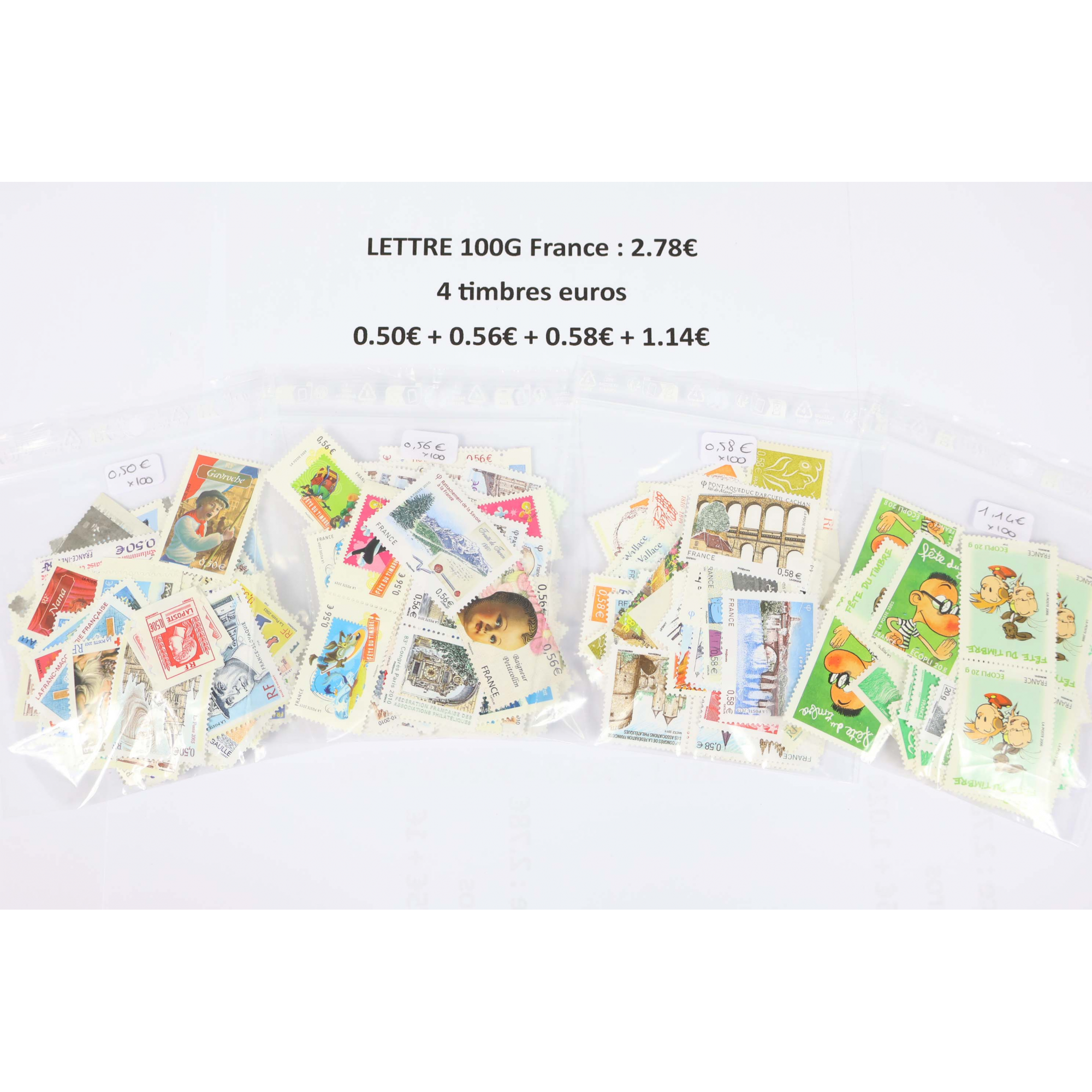 LOT DE 100 AFFRANCHISSEMENTS POUR LETTRES 100G FRANCE 4 TIMBRES -40% FACIALE LOT DE 100 AFFRANCHISSEMENTS POUR LETTRES 100G FRANCE 4 TIMBRES -40% FACIALE