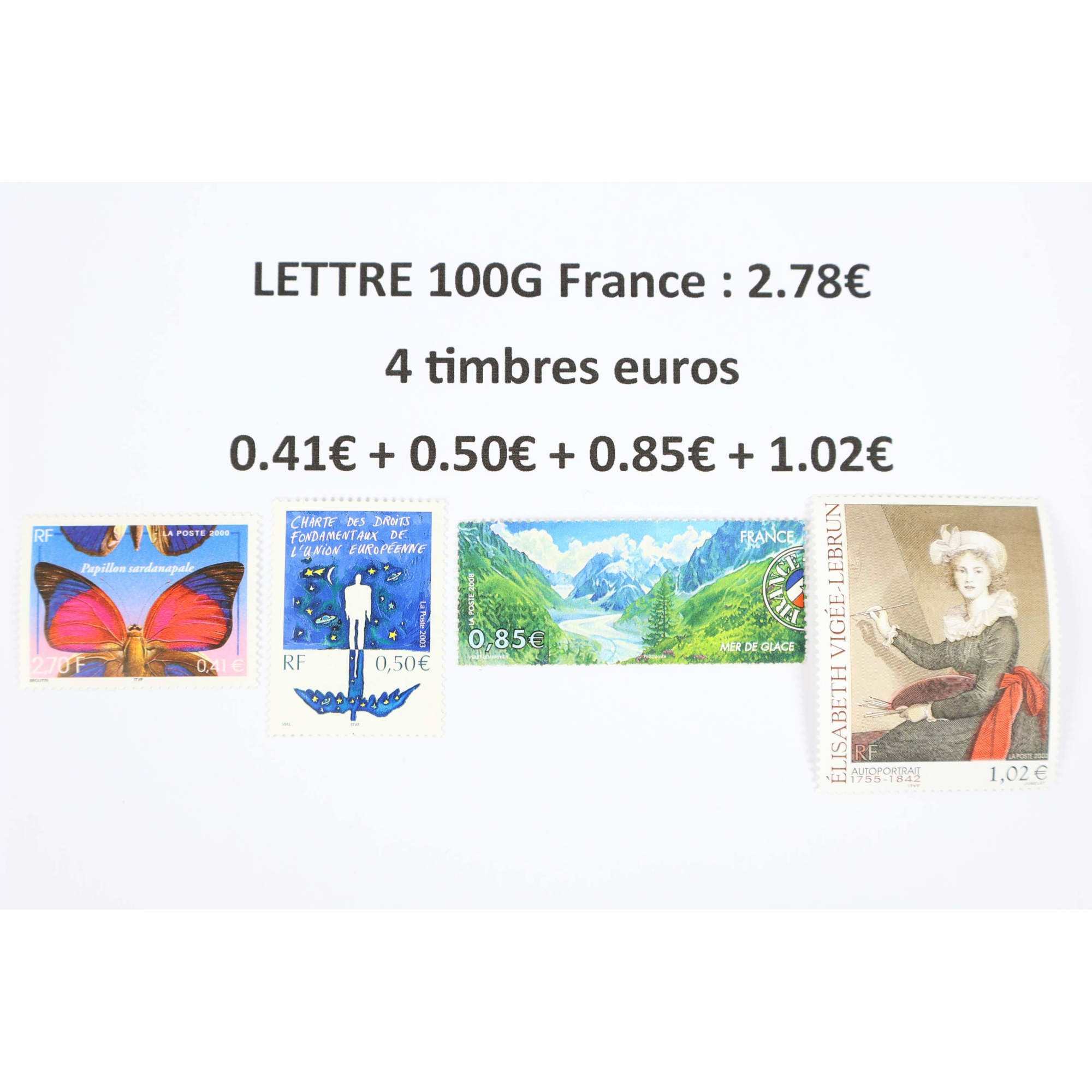 LOT DE 100 AFFRANCHISSEMENTS POUR LETTRES 100G FRANCE 4 TIMBRES -40% FACIALE LOT DE 100 AFFRANCHISSEMENTS POUR LETTRES 100G FRANCE 4 TIMBRES -40% FACIALE