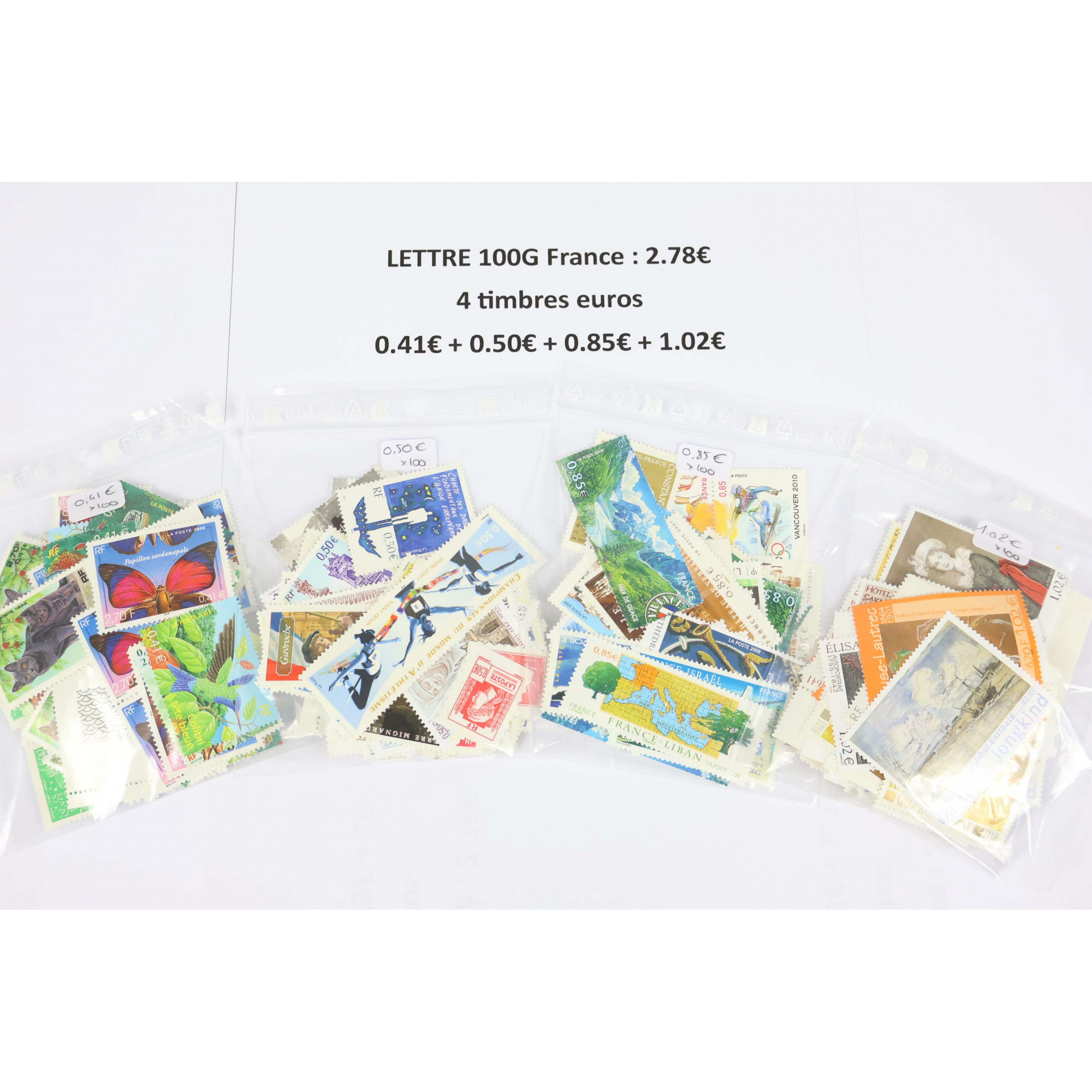 LOT DE 100 AFFRANCHISSEMENTS POUR LETTRES 100G FRANCE 4 TIMBRES -40% FACIALE LOT DE 100 AFFRANCHISSEMENTS POUR LETTRES 100G FRANCE 4 TIMBRES -40% FACIALE
