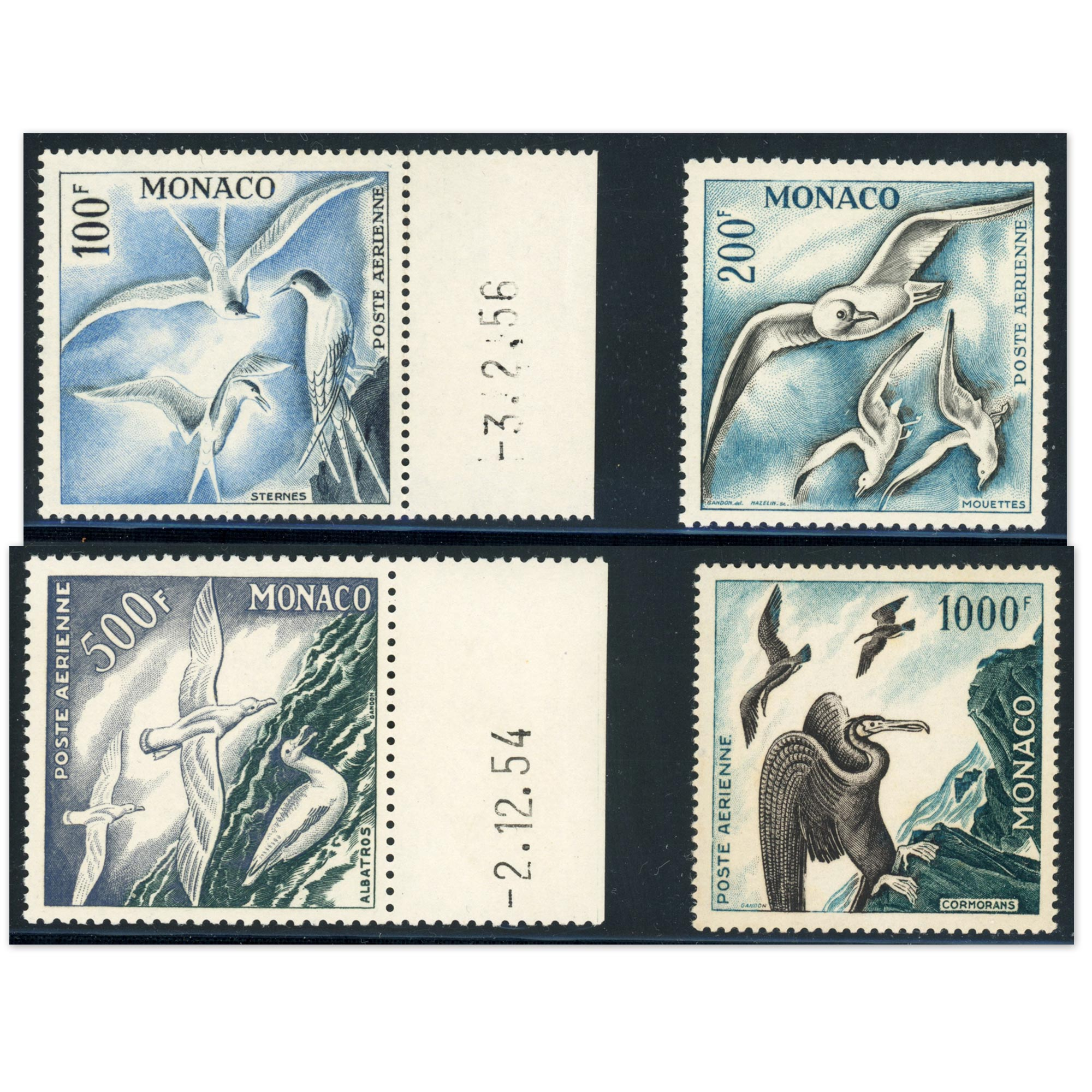 MONACO POSTE AÉRIENNE SÉRIE OISEAUX N° 55 À 58 TIMBRES NEUFS SANS CHARNIÈRE 1955