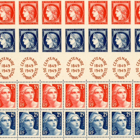 FRANCE, F380 FEUILLE TIMBRES NEUFS SANS CHARNIÈRE, CENTENAIRE DU TIMBRE - 1949