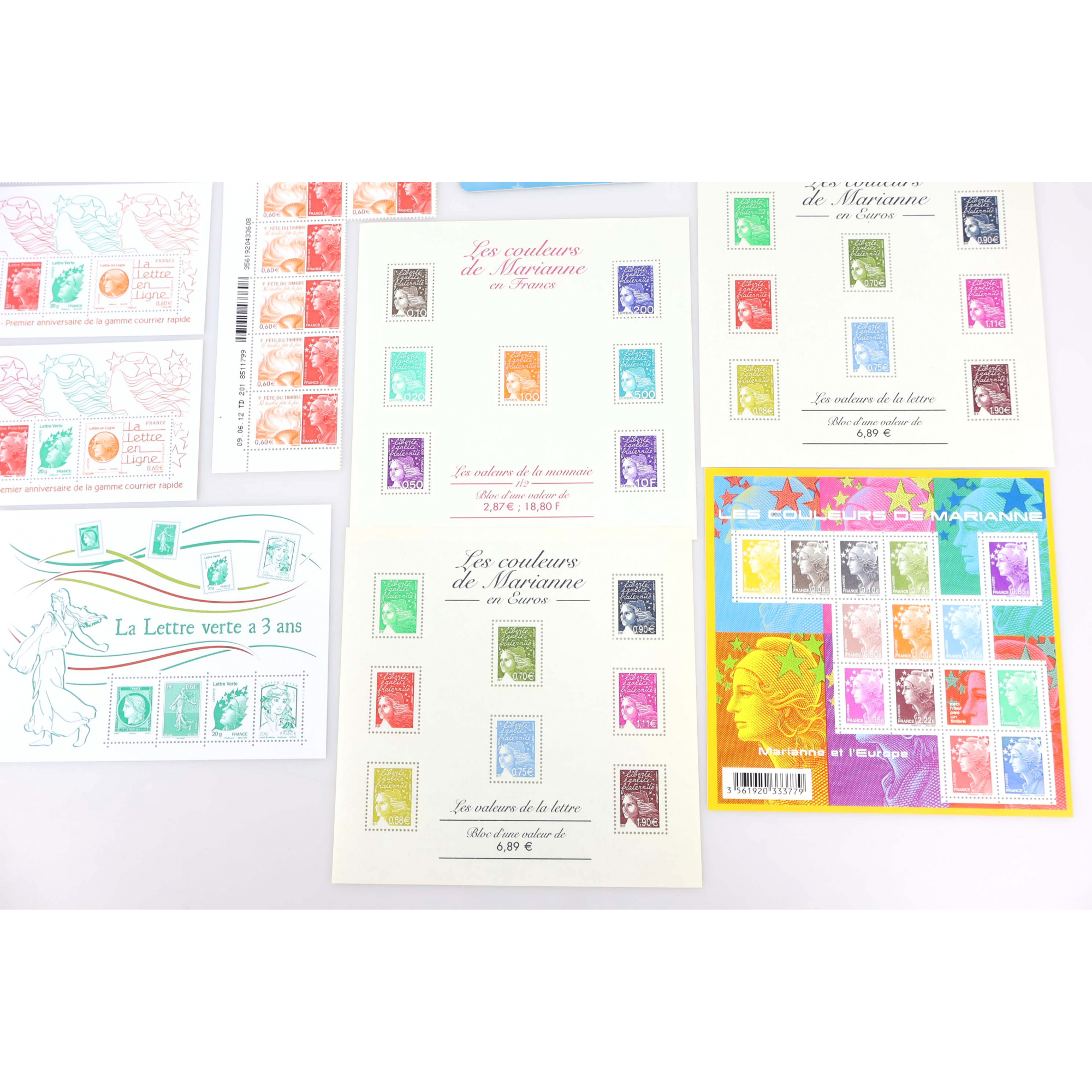 FRANCE LOT DE TIMBRES/BLOCS EN EUROS NEUFS** TYPE MARIANNE VALEUR FACIALE 128€