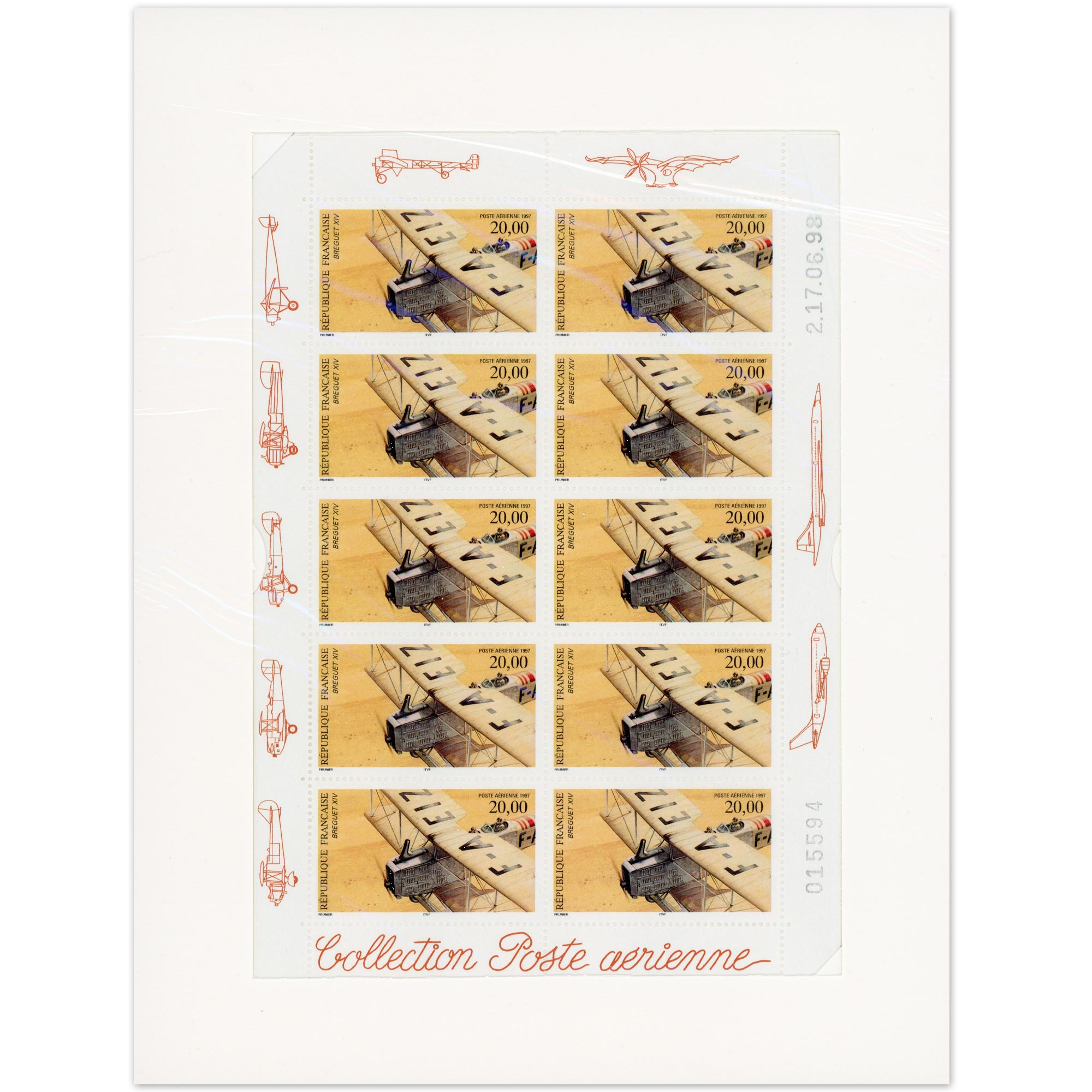 PA N°_61 BIPLAN BREGUET XIV 1997 FEUILLE COLLECTOR 10 timbres