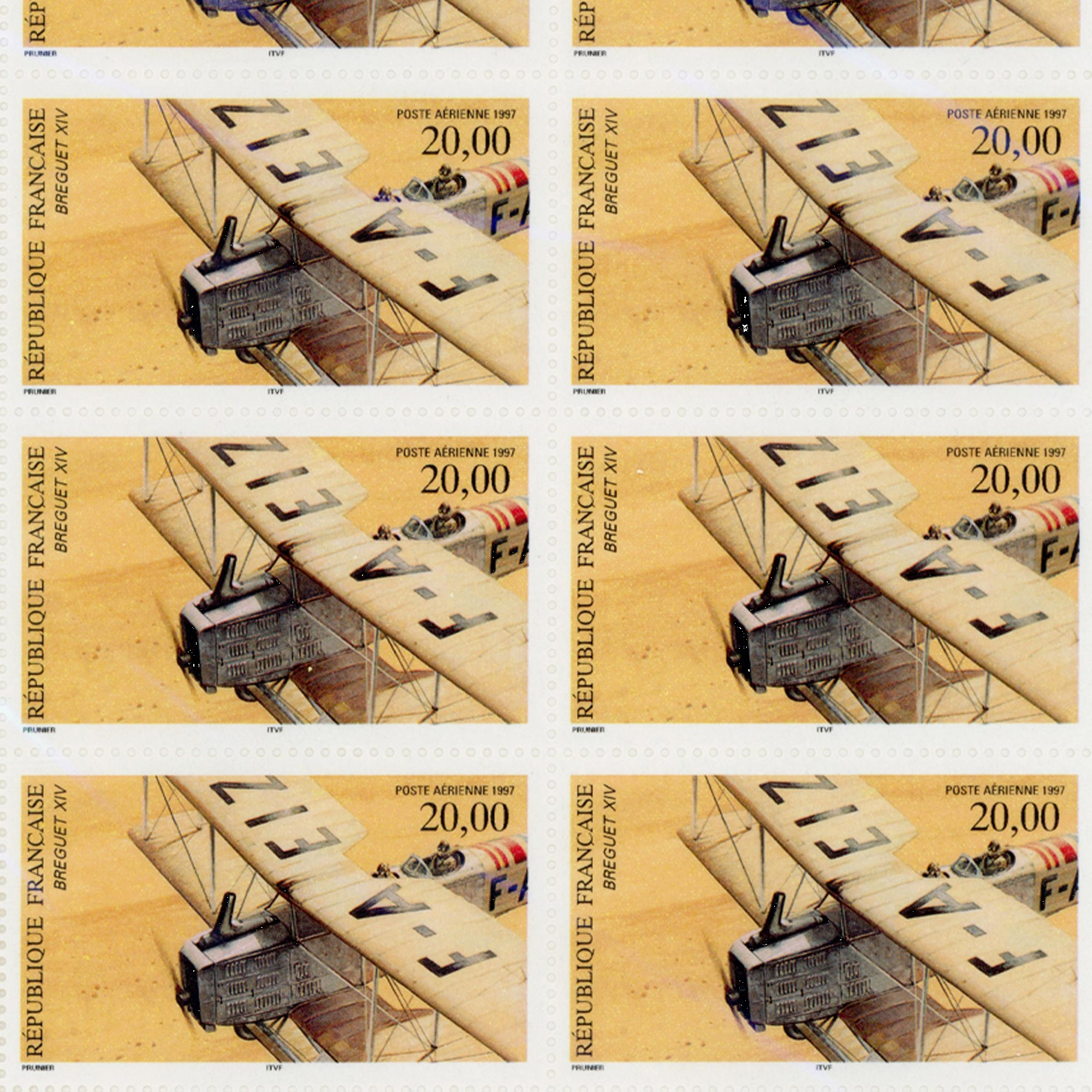 PA N°_61 BIPLAN BREGUET XIV 1997 FEUILLE COLLECTOR 10 timbres