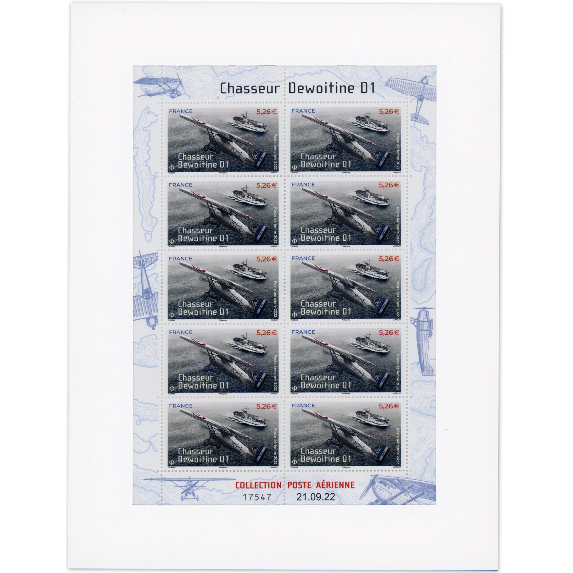 FRANCE, PA N° F92a CHASSEUR DEWOITINE LUXE FEUILLE COLLECTOR 10 TIMBRES - 2022