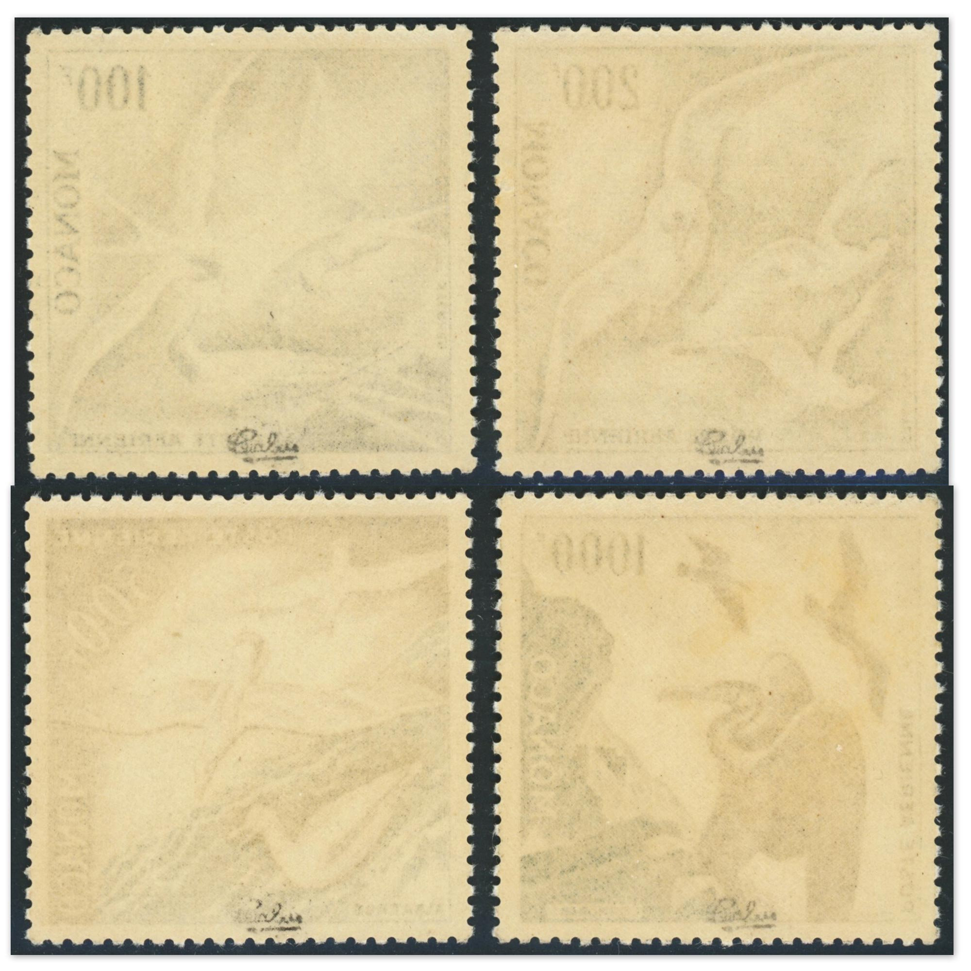 MONACO POSTE AÉRIENNE SÉRIE OISEAUX N° 55 À 58 TIMBRES NEUFS** SIGNÉS CALVES 1955