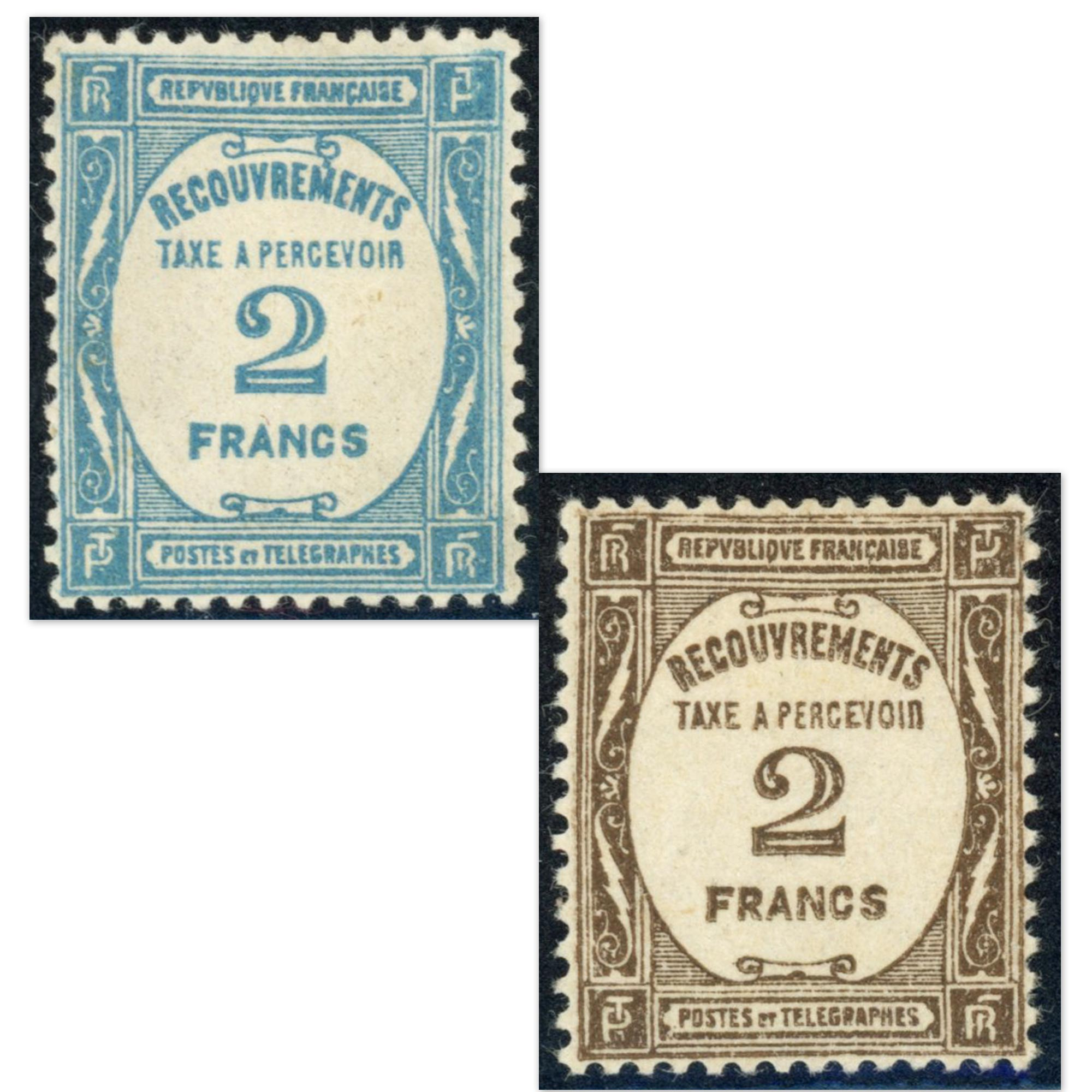 TIMBRES TAXE N°61 ET 62 NEUFS* RECOUVREMENT COTE 298€ 2F BLEU ET SEPIA