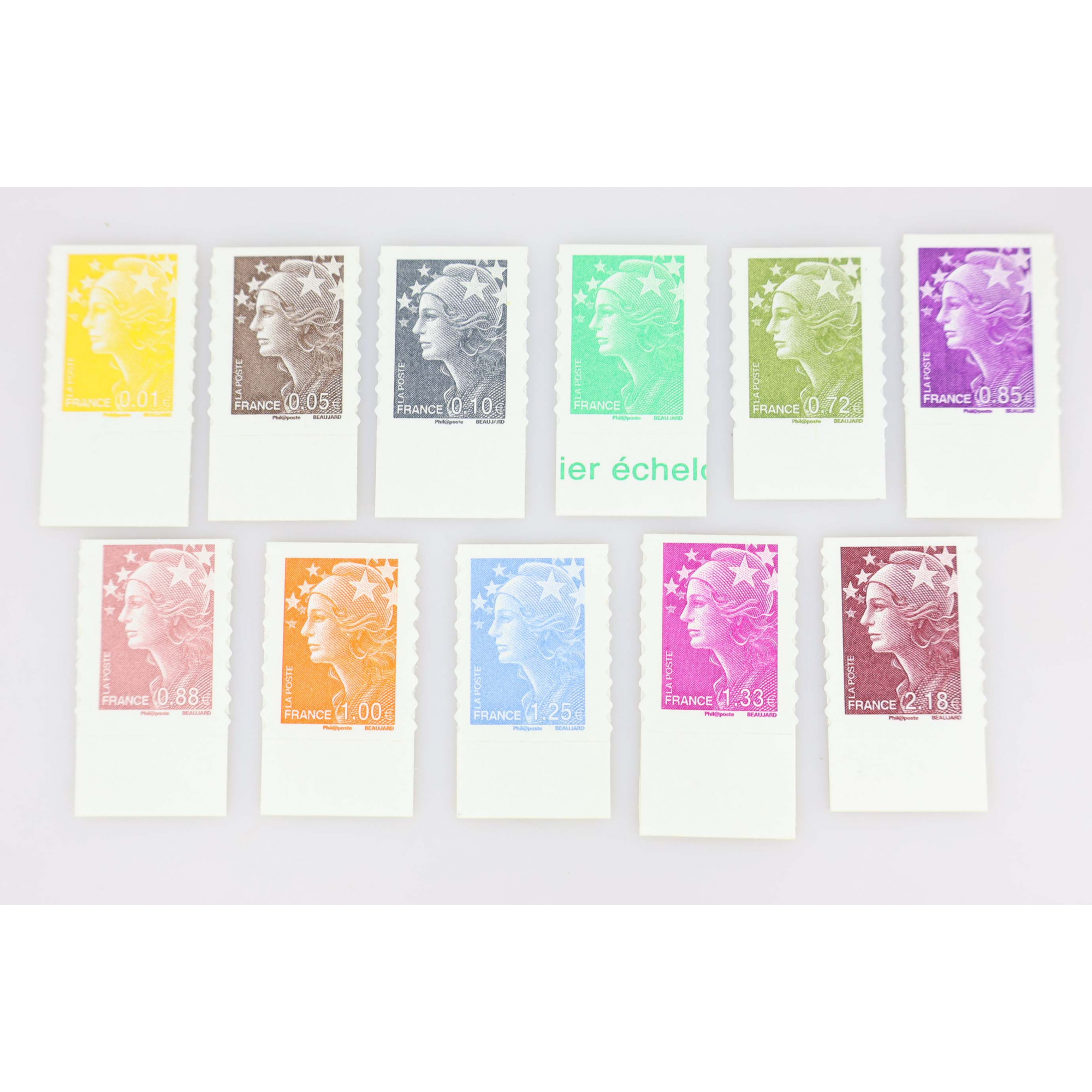 TIMBRES FRANCE AUTOADHÉSIFS MARIANNES 208 À 218 AVEC BORD DE FEUILLE, ANNÉE 2008