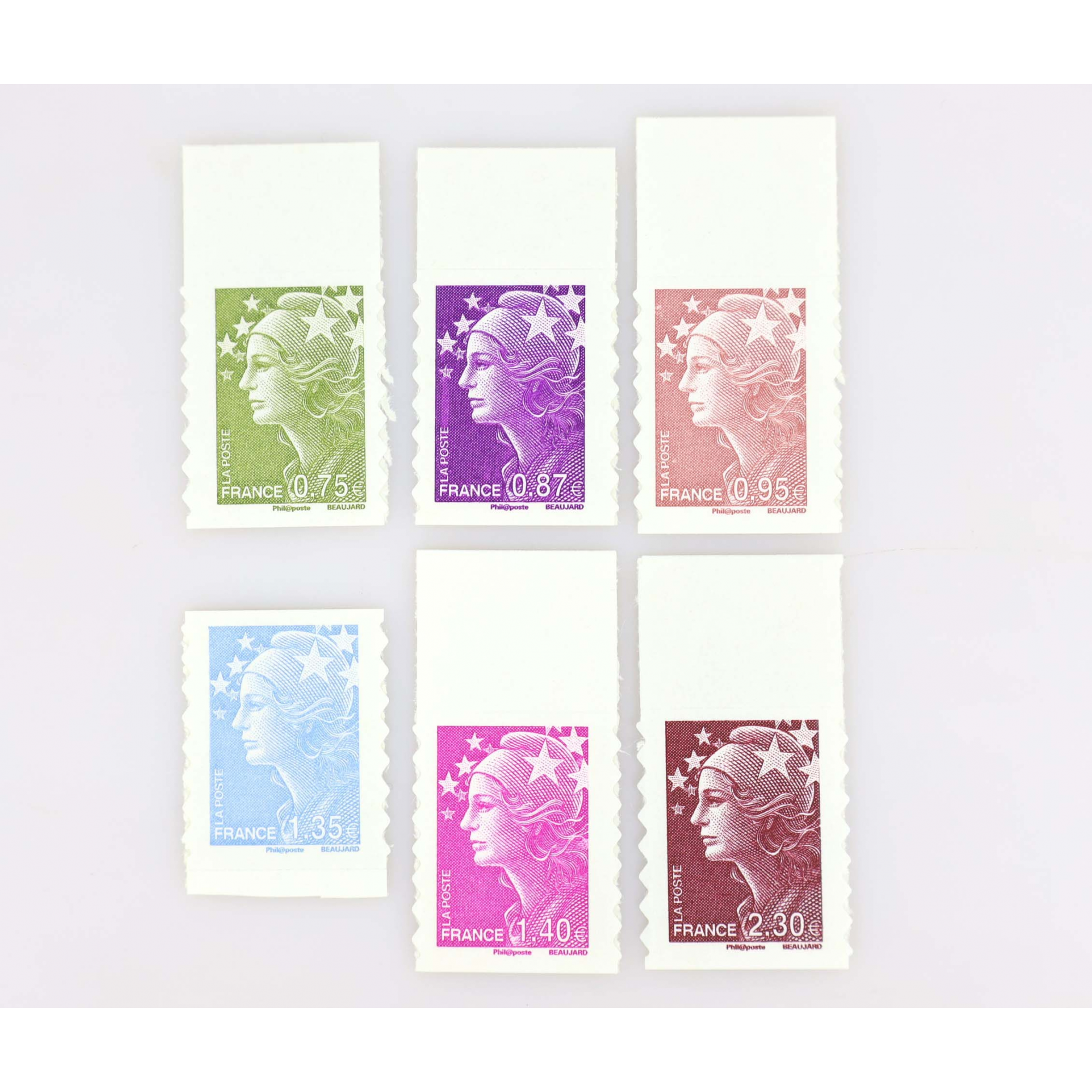 TIMBRES FRANCE AUTOADHÉSIFS MARIANNES 486 À 491 AVEC BORD DE FEUILLE, ANNÉE 2010