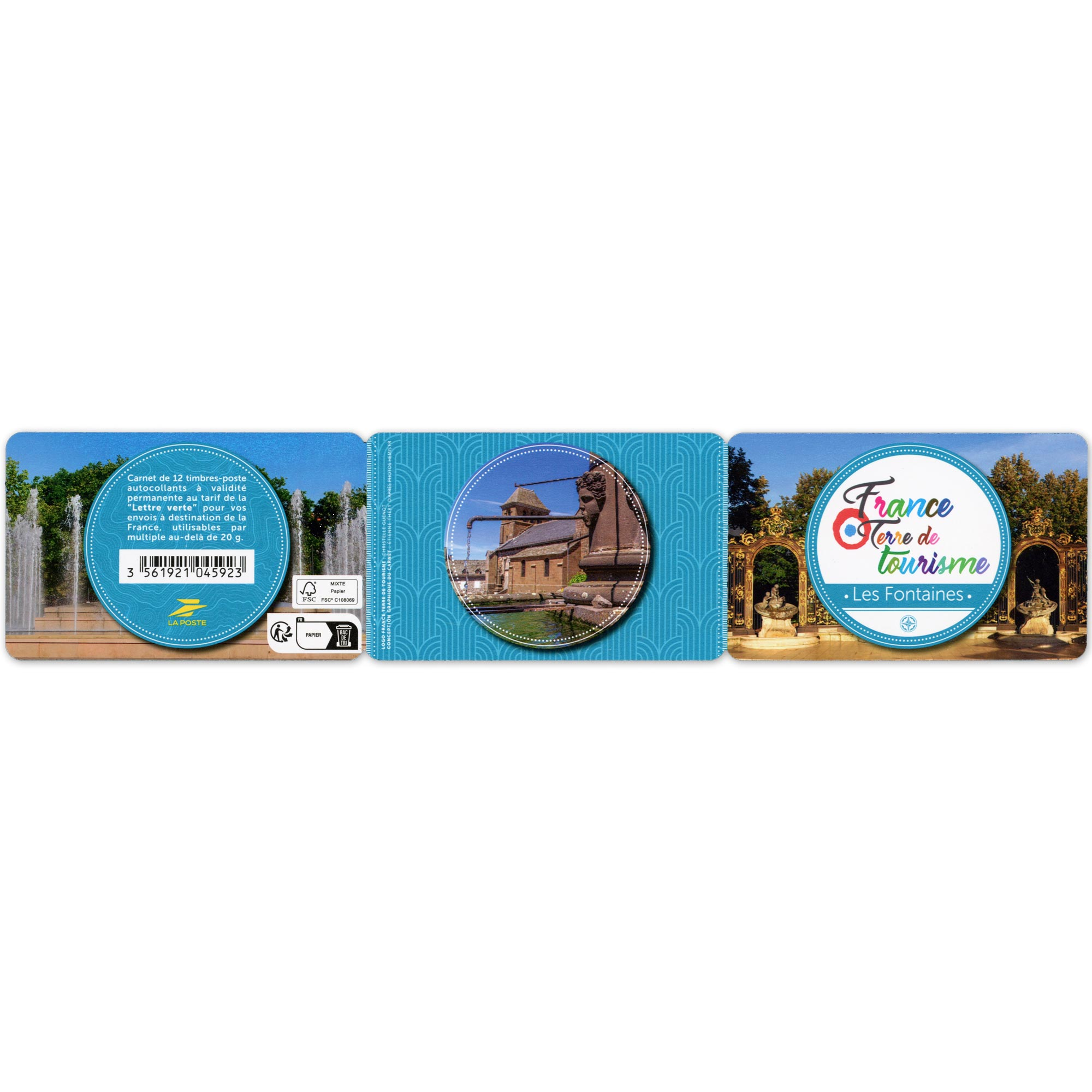 CARNET FRANCE BC2455 LES FONTAINES, TIMBRES POUR AFFRANCHIR 12 LETTRES 20G