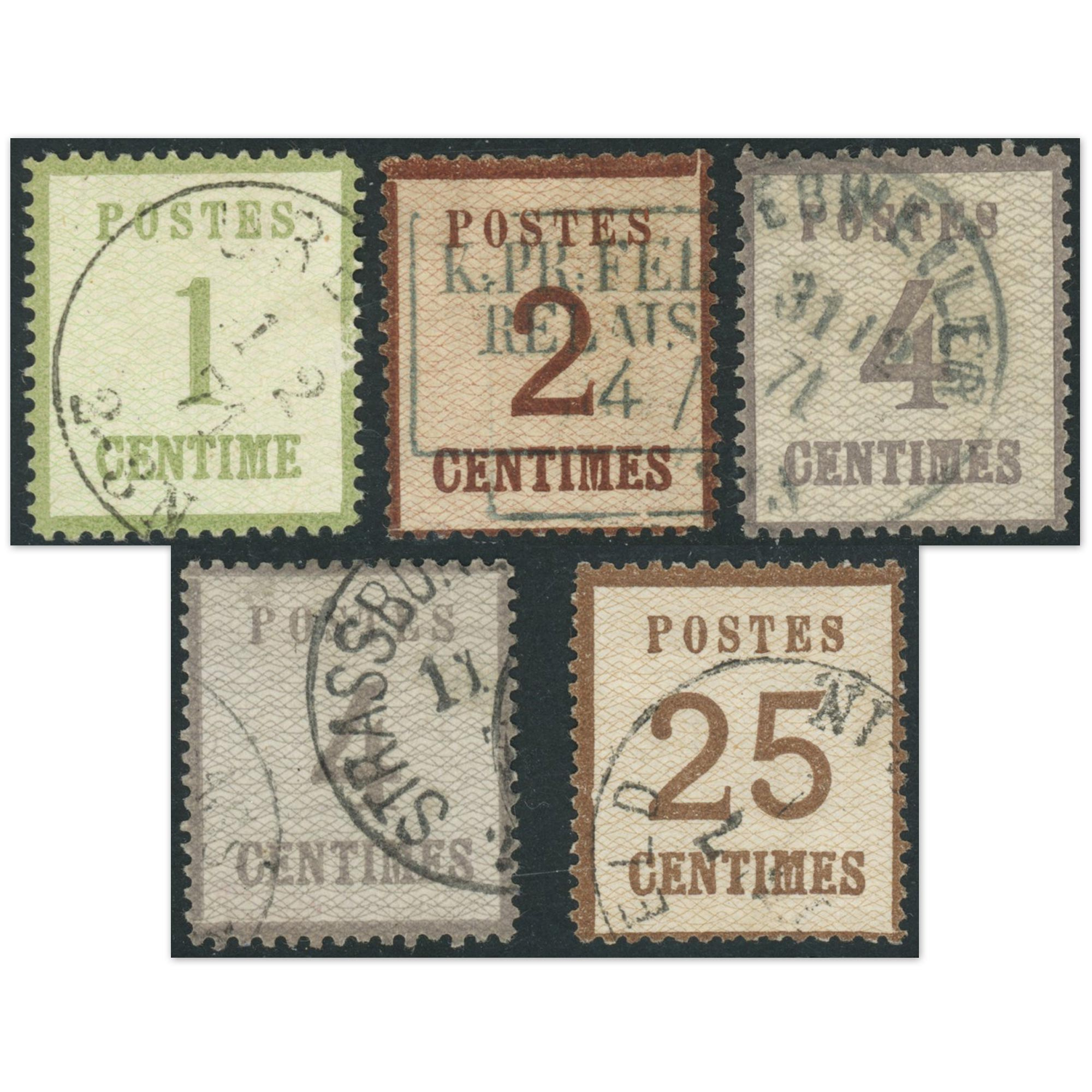 FRANCE SÉRIE TIMBRES ALSACE-LORRAINE N°1-2-3 ET 7 OBLITÉRÉS SIGNÉS BRUN
