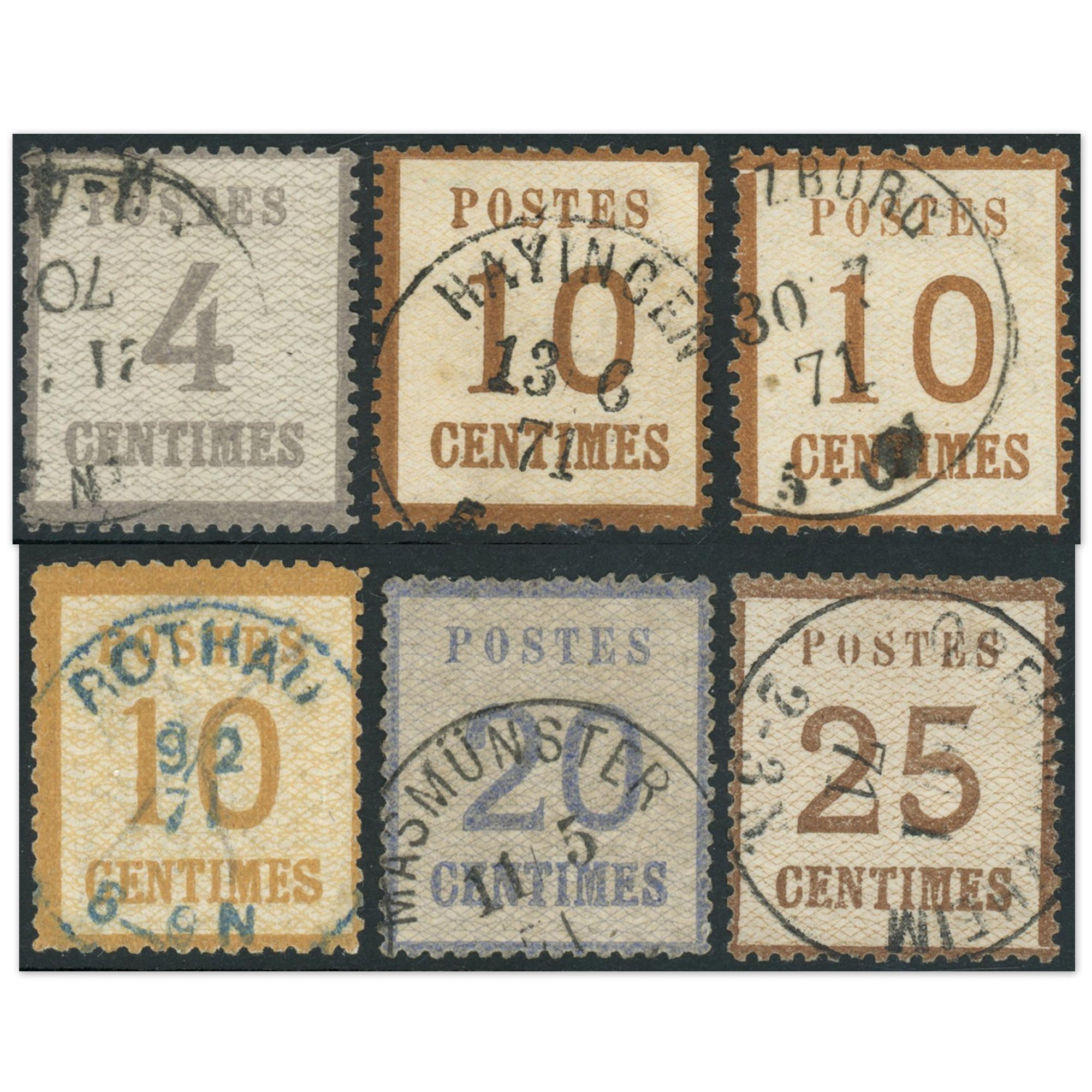 FRANCE SÉRIE TIMBRES ALSACE-LORRAINE N°3-5-6 ET 7 BURELAGE RENVERSÉ OBLITÉRÉS