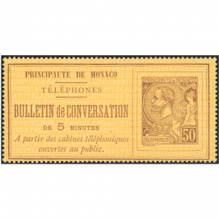 TIMBRE TÉLÉPHONE MONACO N°1 NEUF ANNÉE 1886 SIGNÉ BRUN COTE 570€