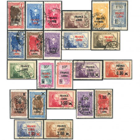 MADAGASCAR N°242 À 264 TIMBRES OBLITÉRÉS FRANCE LIBRE N°243 SIGNÉ BRUN