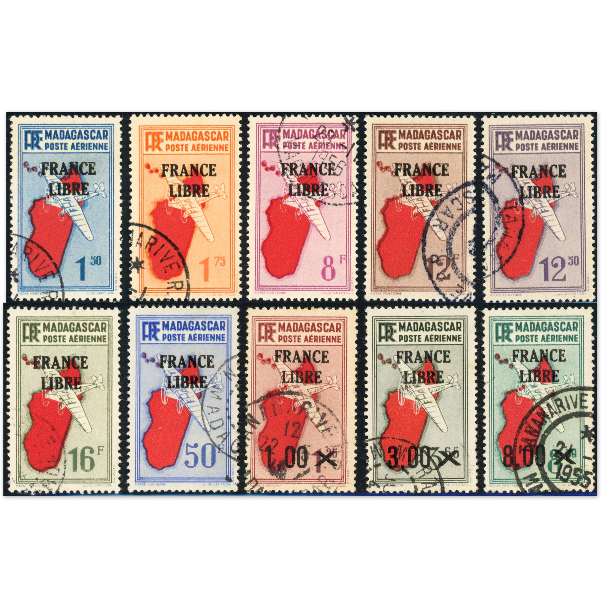 MADAGASCAR POSTE AÉRIENNE N°45 À 54 TIMBRES OBLITÉRÉS, N°46 SIGNÉ BRUN COTE 255€ MADAGASCAR POSTE AÉRIENNE N°45 À 54 TIMBRES OBLITÉRÉS, N°46 SIGNÉ BRUN COTE 255€