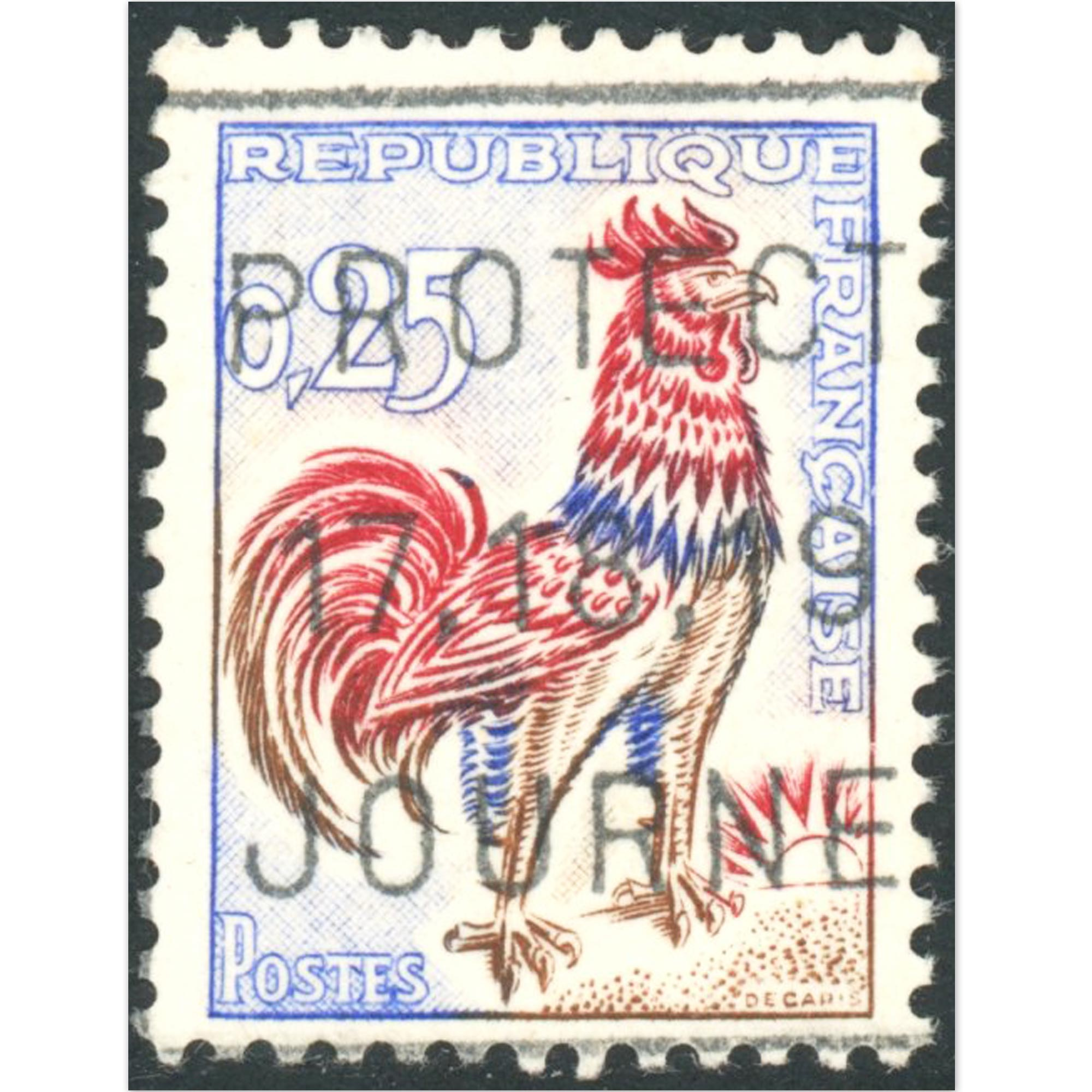 FRANCE N°1331d COQ DE DESCARIS OBLITÉRÉ PAPIER JAUNE VIF AUX UV SIGNÉ BRUN