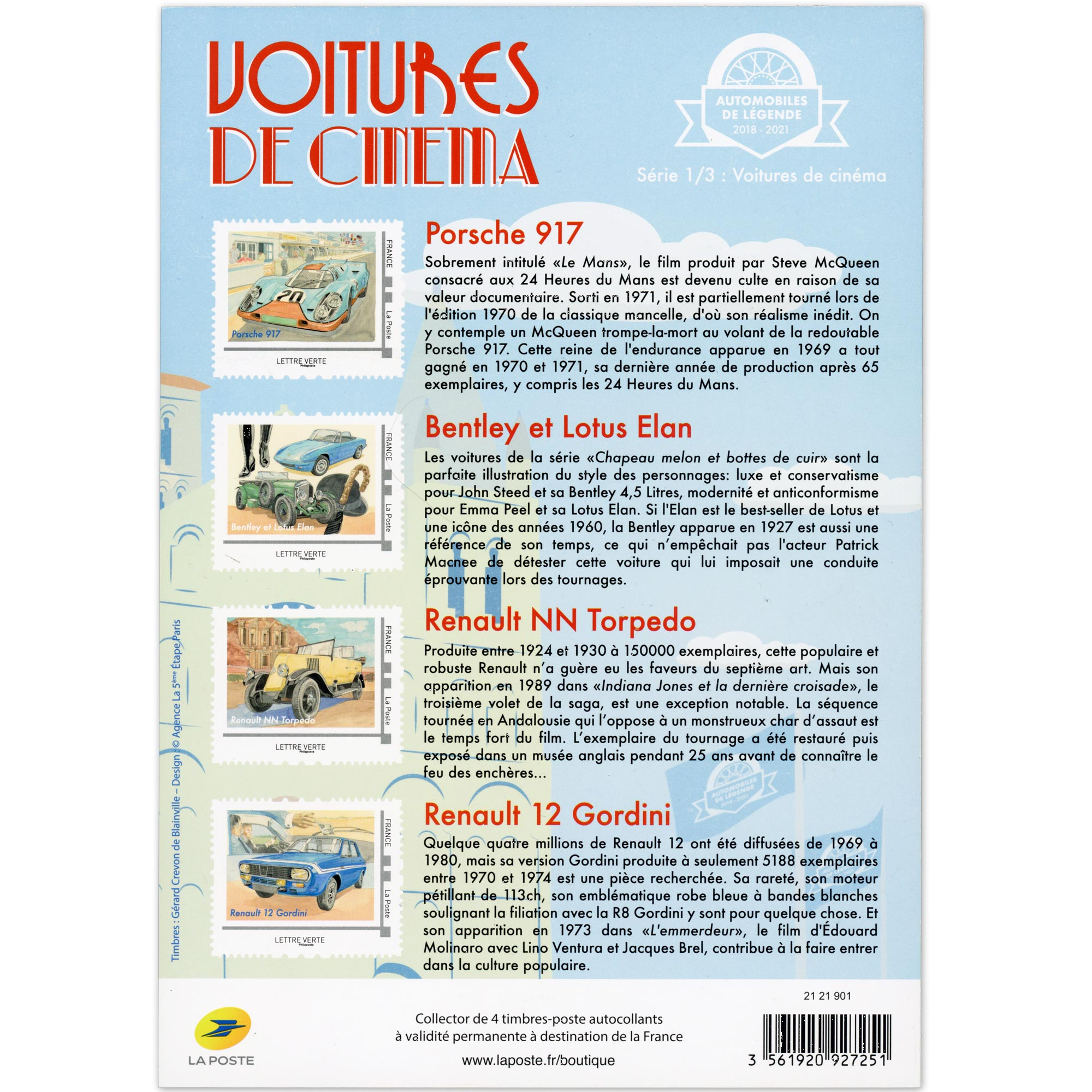 FEUILLETS COLLECTORS SÉRIE N°COL443/445 "VOITURES DE CINÉMA" TIMBRES FRANCE 2021