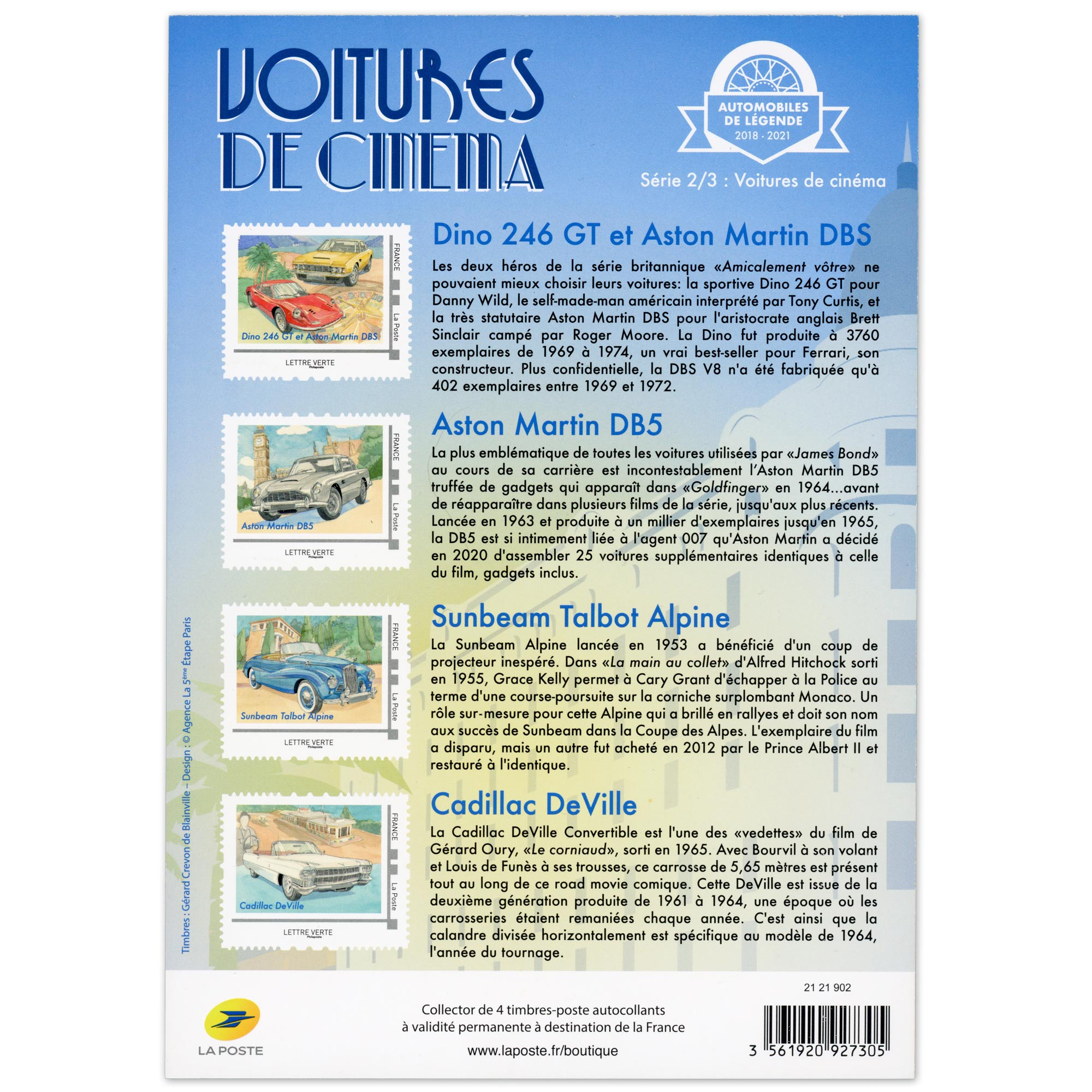 FEUILLETS COLLECTORS SÉRIE N°COL443/445 "VOITURES DE CINÉMA" TIMBRES FRANCE 2021