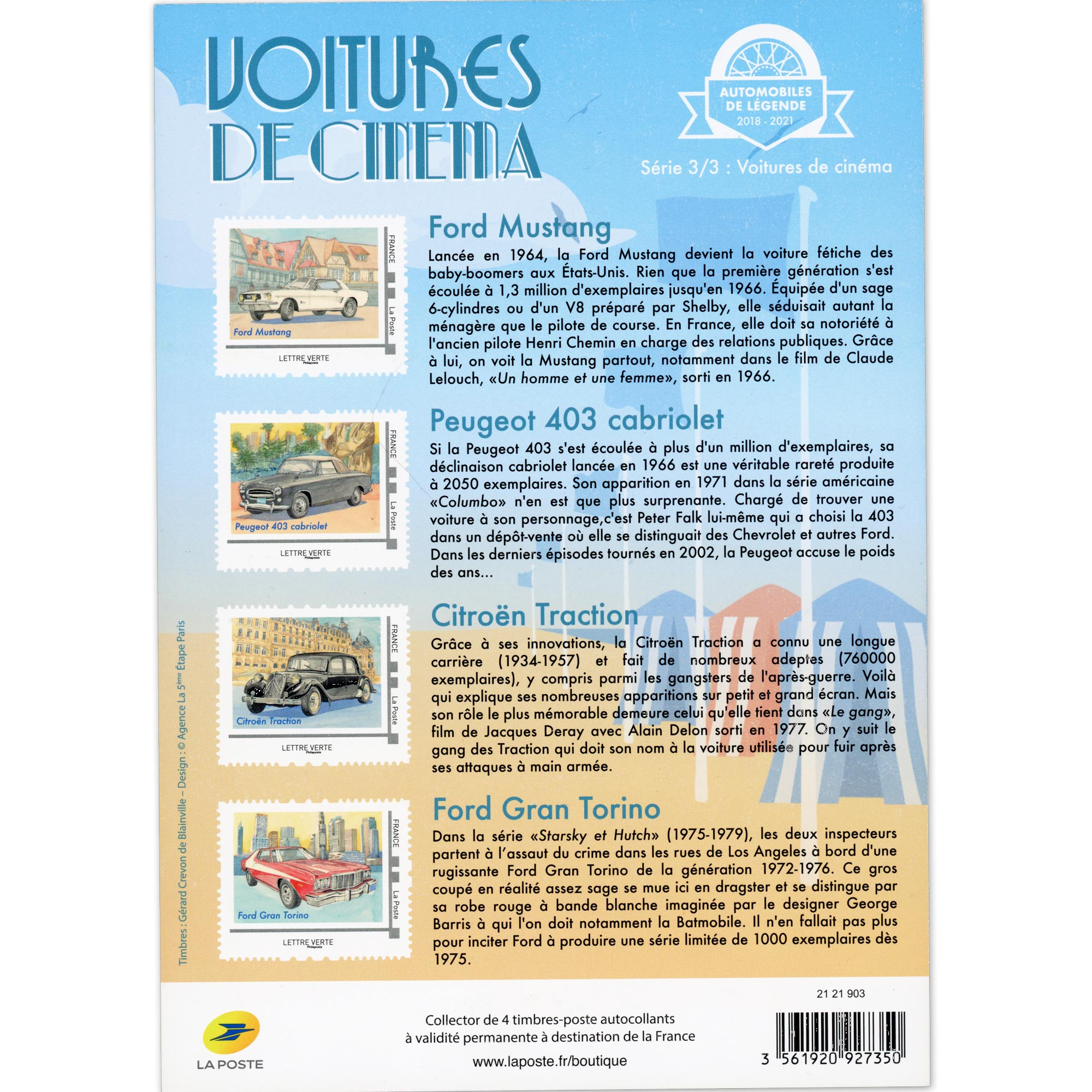 FEUILLETS COLLECTORS SÉRIE N°COL443/445 "VOITURES DE CINÉMA" TIMBRES FRANCE 2021