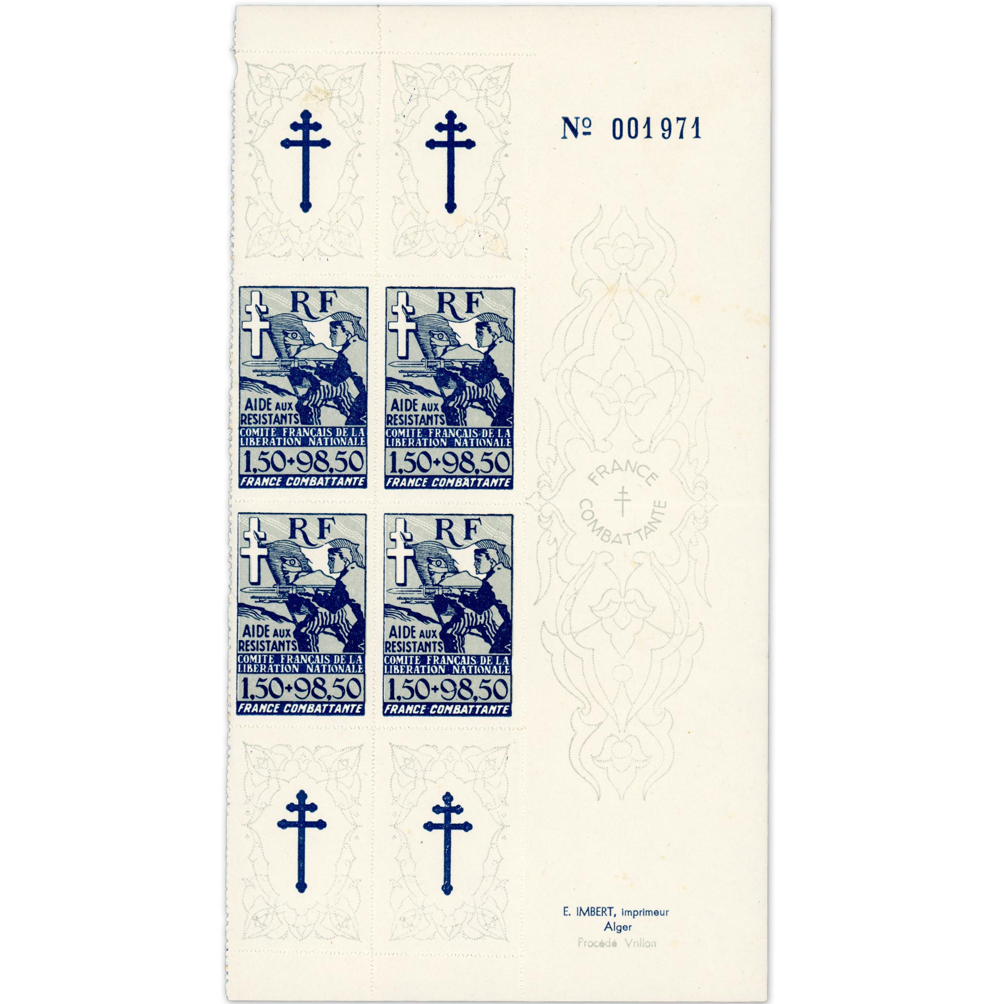 FRANCE LIBRE BLOC DE 4 TIMBRES N°6 AVEC MAGNIFIQUE BORD DE FEUILLE TIMBRES NEUFS