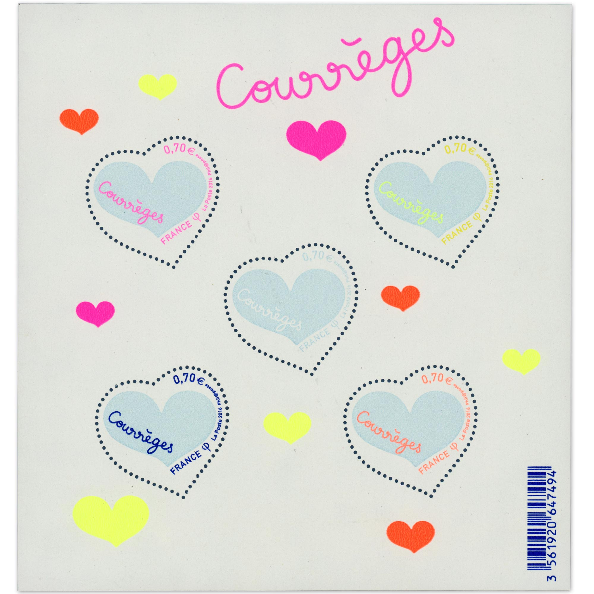 FEUILLET N°F5026 "COEURS COURRÈGES" BLOC DE TIMBRES NEUFS** DE FRANCE DE 2016