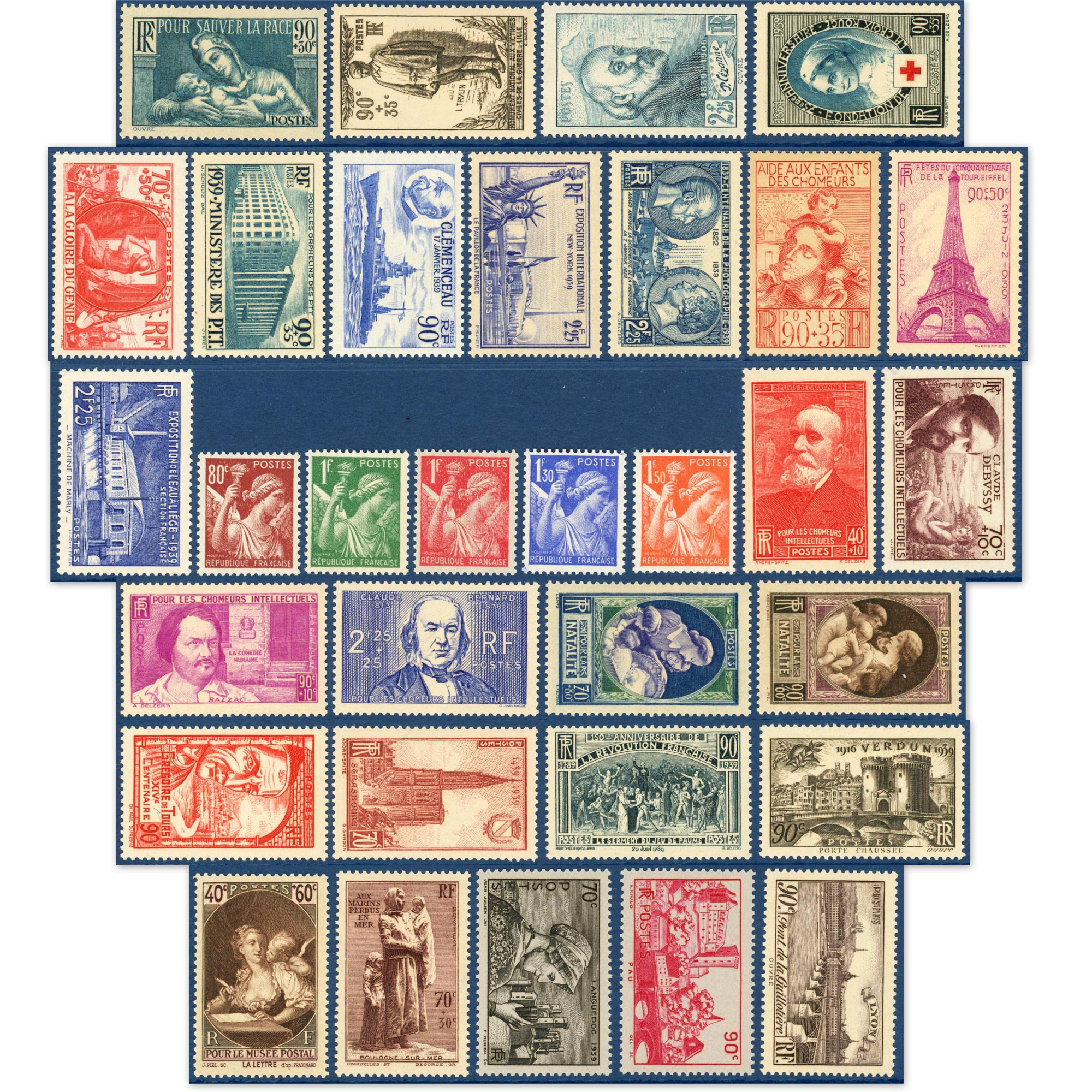 FRANCE, ANNÉE COMPLÈTE DE 1939 TIMBRES NEUFS SANS CHARNIÈRE 32 TIMBRES COTE 345€