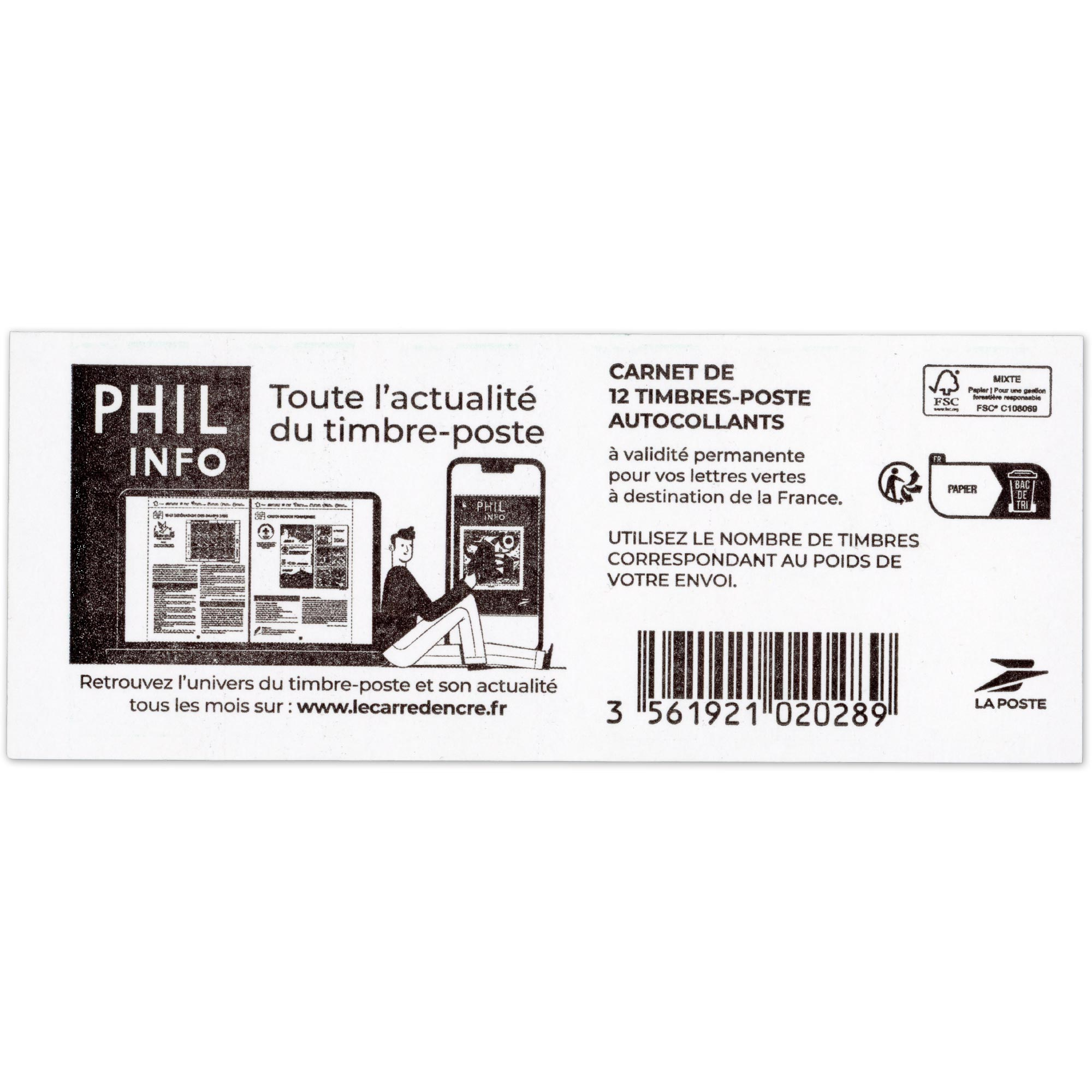 CARNET FRANCE 2358-C20 MARIANNE VERTE DE BALEZ 12 TIMBRES POUR AFFRANCHIR 20g