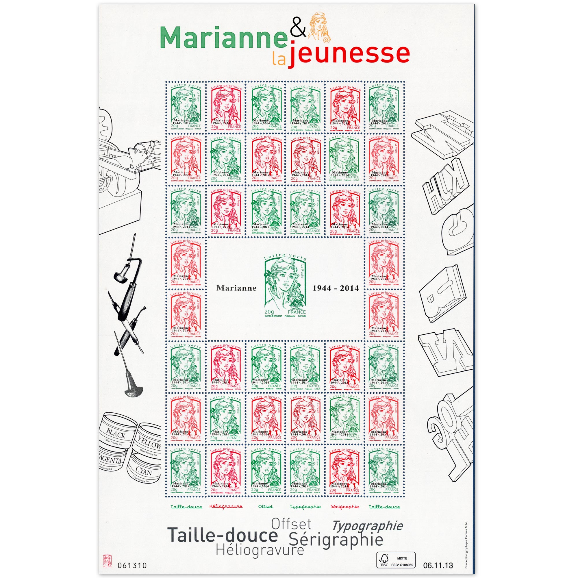 FEUILLE FRANCE F4774A TIMBRES "MARIANNE ET LA JEUNESSE" (2013) FEUILLE COMPLÈTE