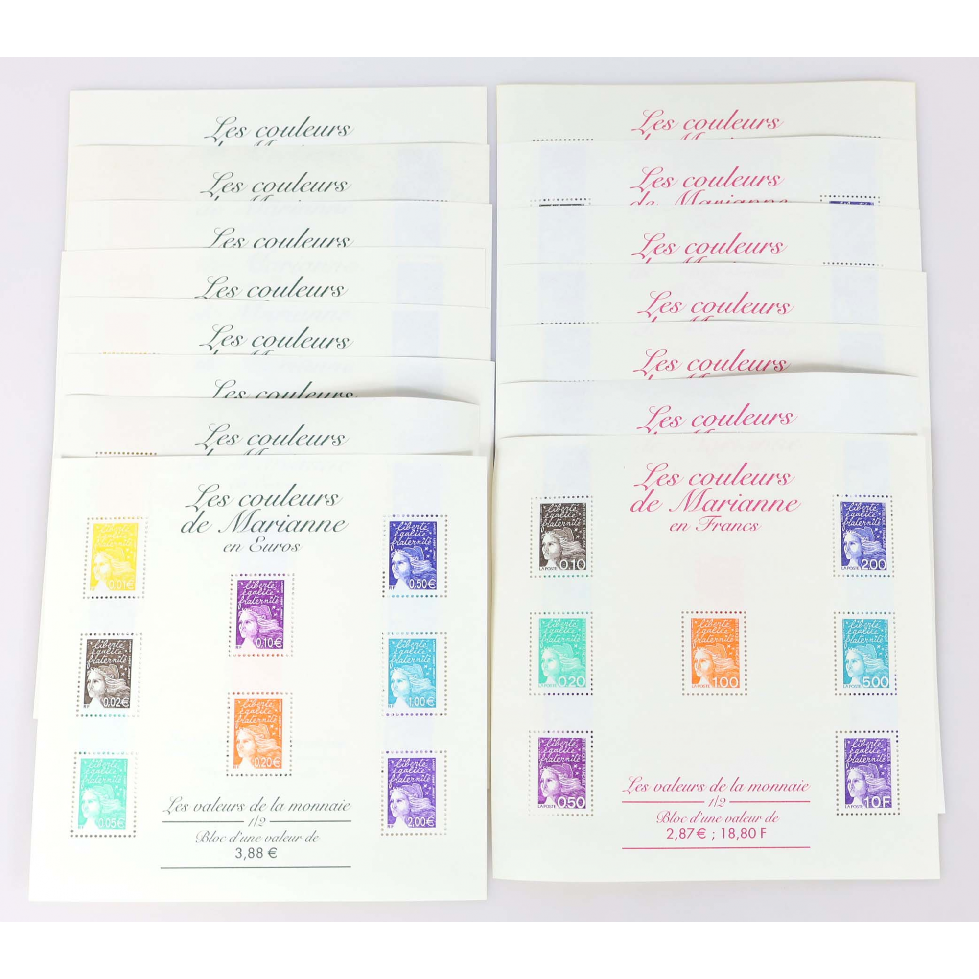 LOT DE BLOCS-FEUILLETS FR "LES COULEURS DE MARIANNE" TIMBRES NEUFS** FACIALE 51€