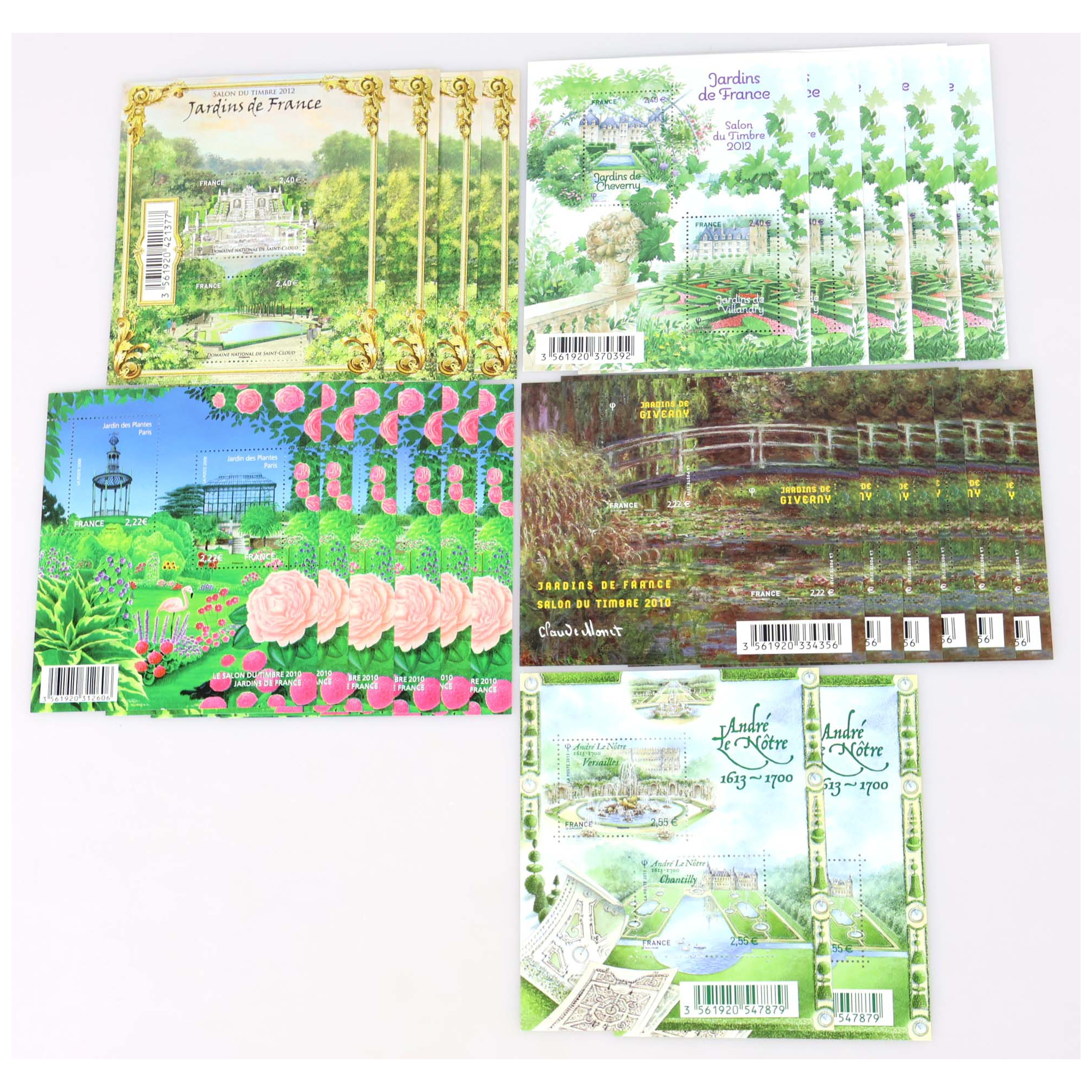 LOT DE BLOCS-FEUILLETS "JARDINS DE FRANCE" TIMBRES NEUFS** FACIALE 111€