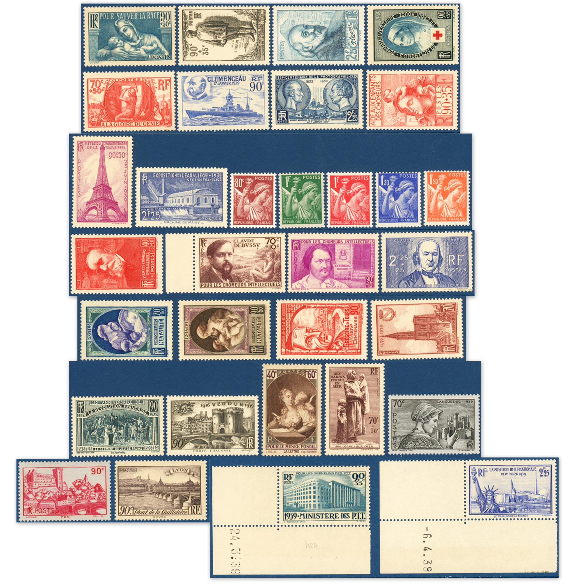 ANNÉE COMPLÈTE DE FRANCE 1939, 30 TIMBRES NEUFS** ( +2 timbres *), COTE 315€