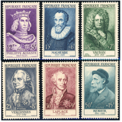 FRANCE, N° 1027 À 1032 TIMBRES NEUFS**, CÉLÉBRITÉS "SÉRIE RENOIR" 1955 COTE 160€
