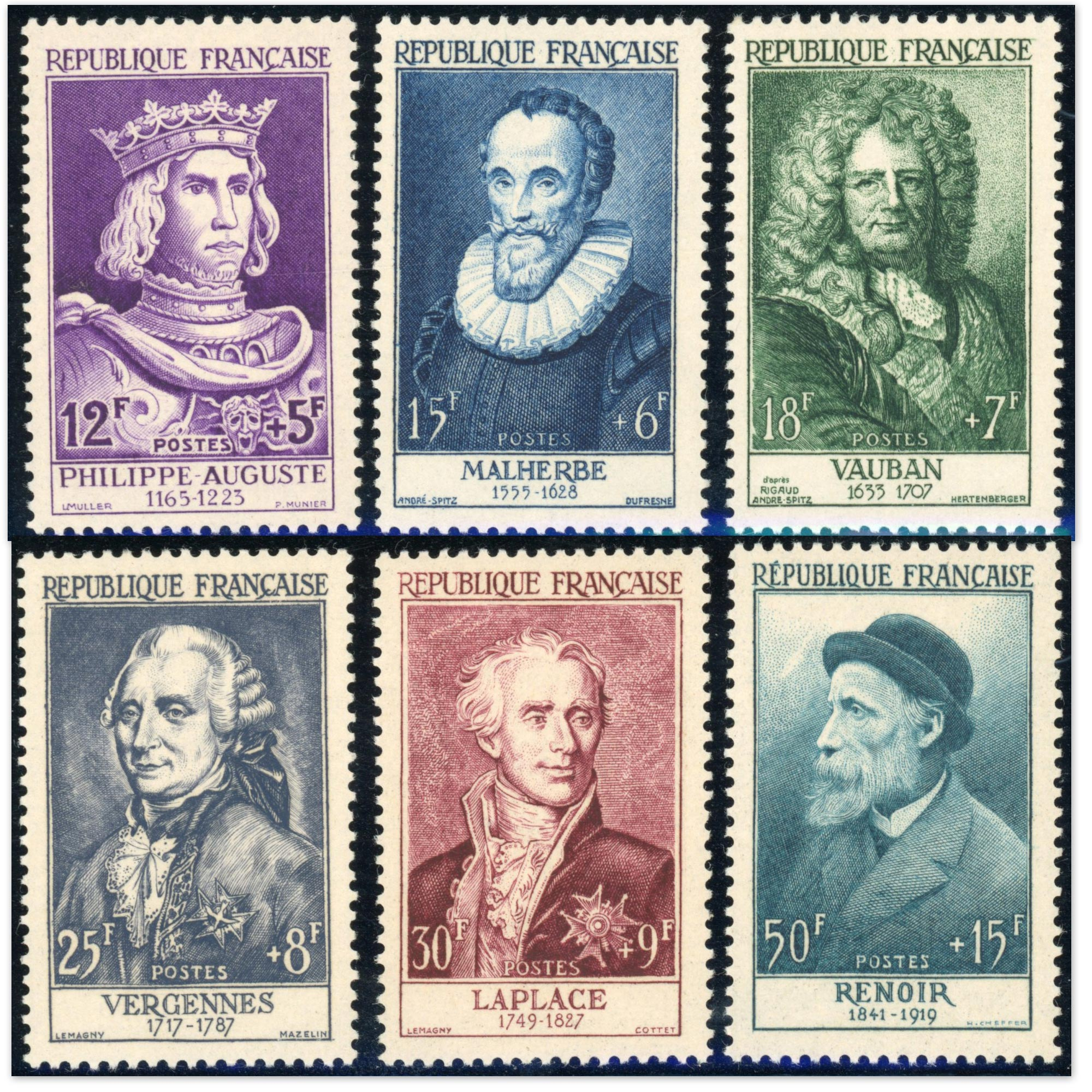 FRANCE, N° 1027 À 1032 TIMBRES NEUFS**, CÉLÉBRITÉS "SÉRIE RENOIR" 1955 COTE 160€