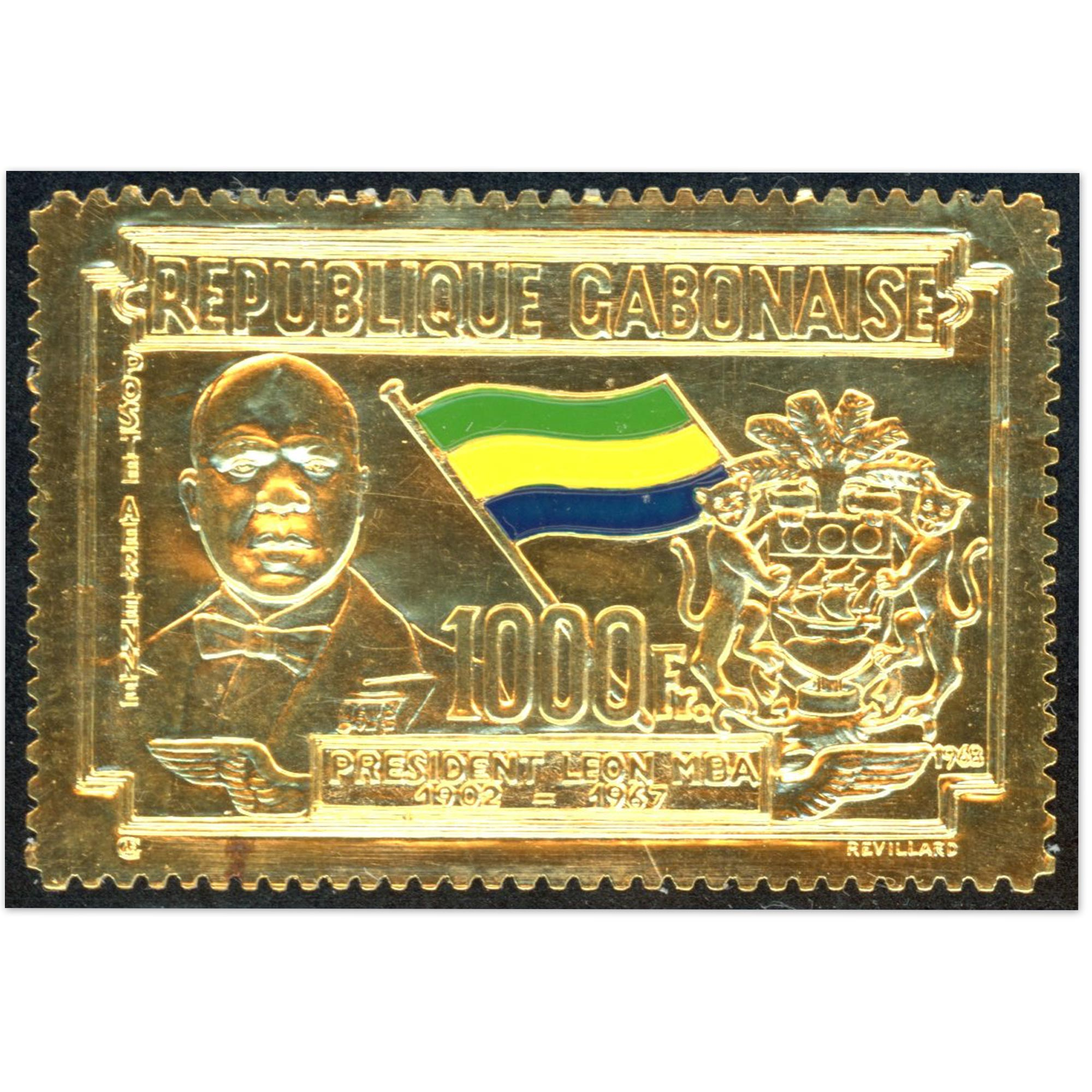 TIMBRE DU GABON EN OR MORT DU PRÉSIDENT LÉON MBA, TIMBRE EN OR NEUF** ANNÉE 1968