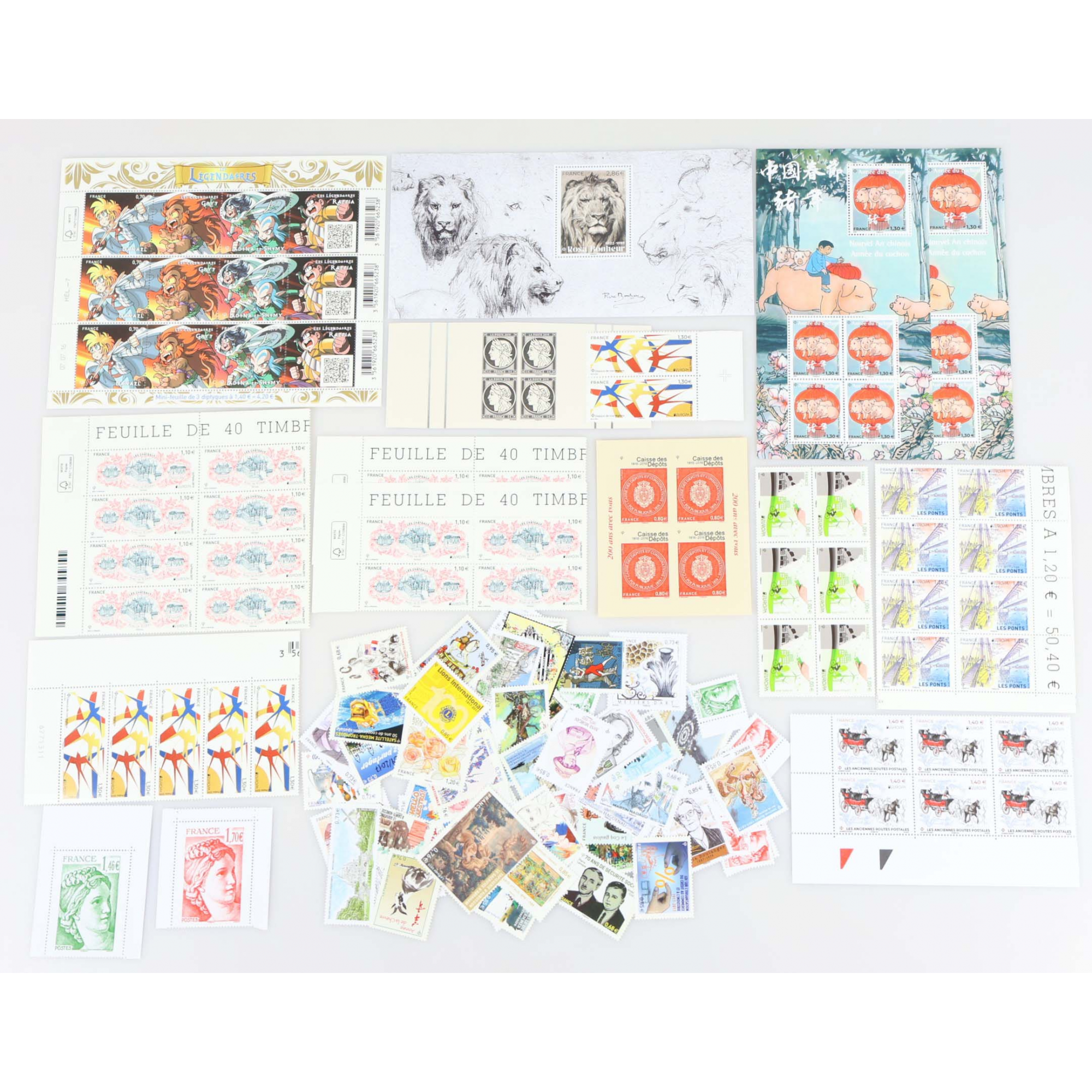LOT DE TIMBRES ET BLOCS EN EUROS ENTRE 2015 ET 2022 FRANCE NEUFS** FACIALE 155€